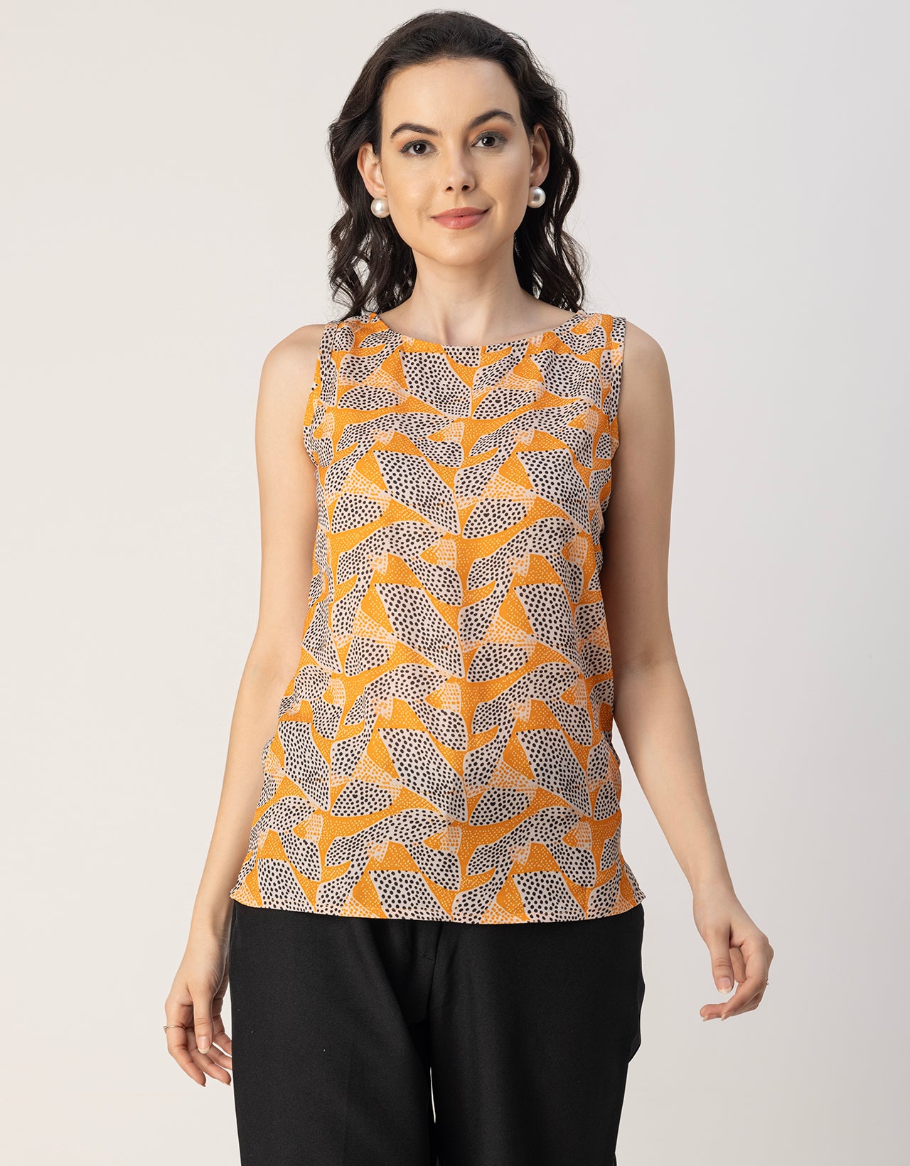 Sleeveless Boat Neck Printed Georgette Top