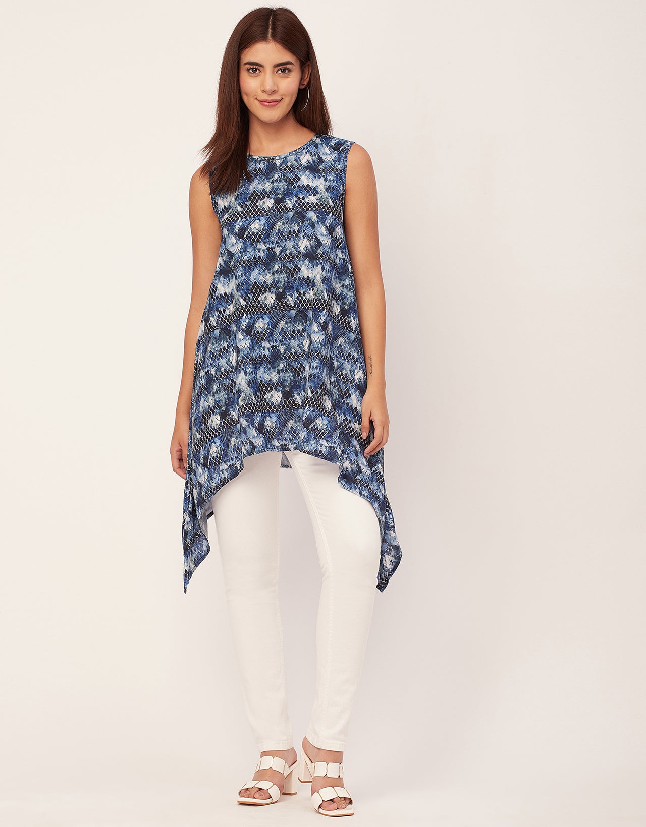 Round Neck Sleeveless Printed Rayon Top