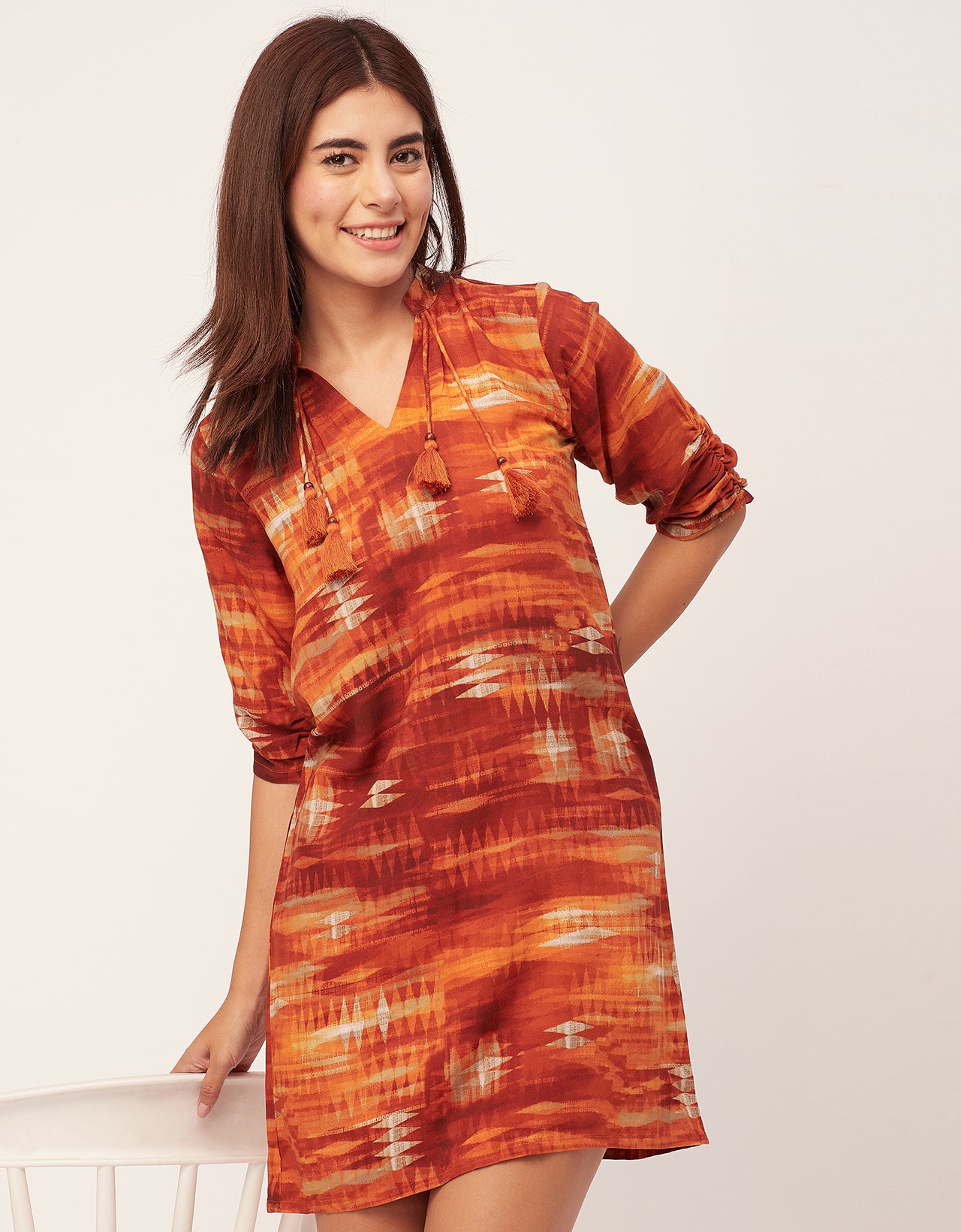 Raglan Sleeves Band Collar Printed Rayon Dress