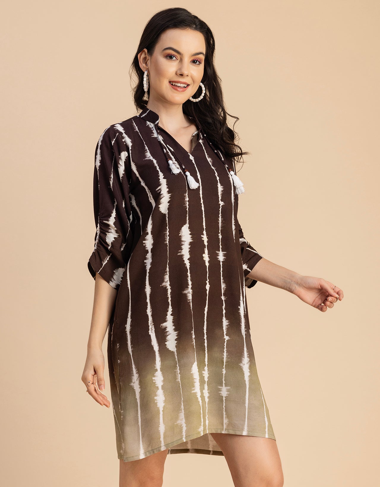 Raglan Sleeves Band Collar Printed Rayon Dress