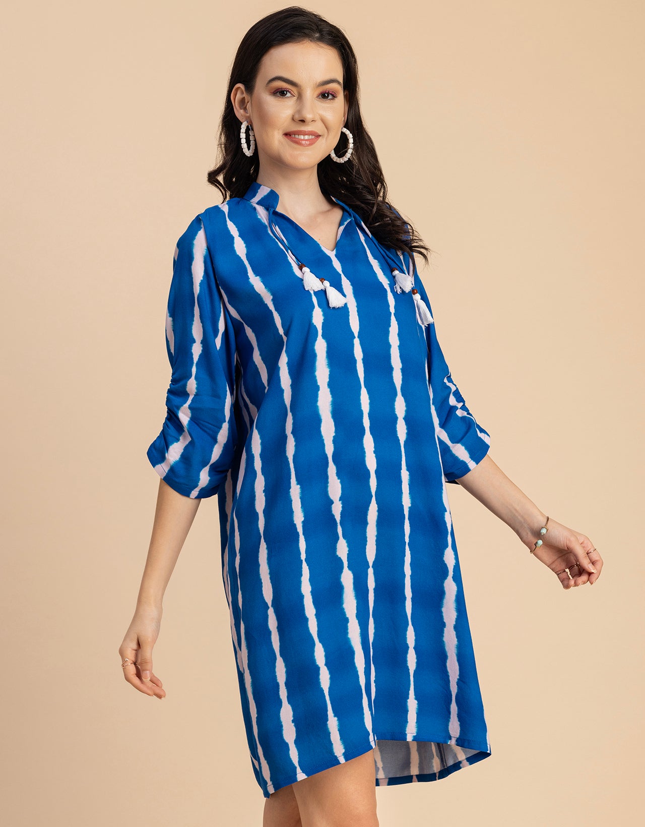 Raglan Sleeves Band Collar Printed Rayon Dress
