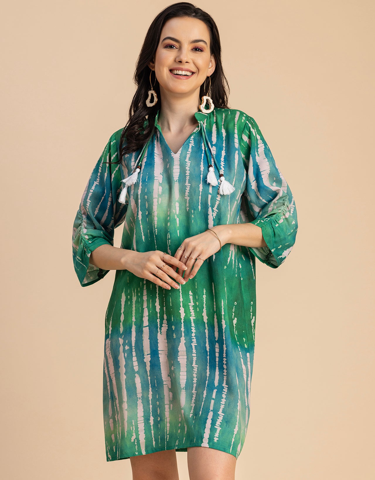 Raglan Sleeves Band Collar Printed Rayon Dress