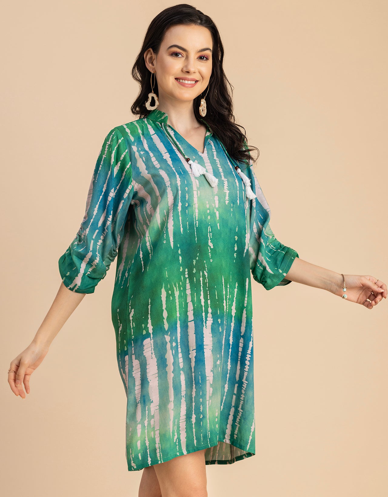 Raglan Sleeves Band Collar Printed Rayon Dress