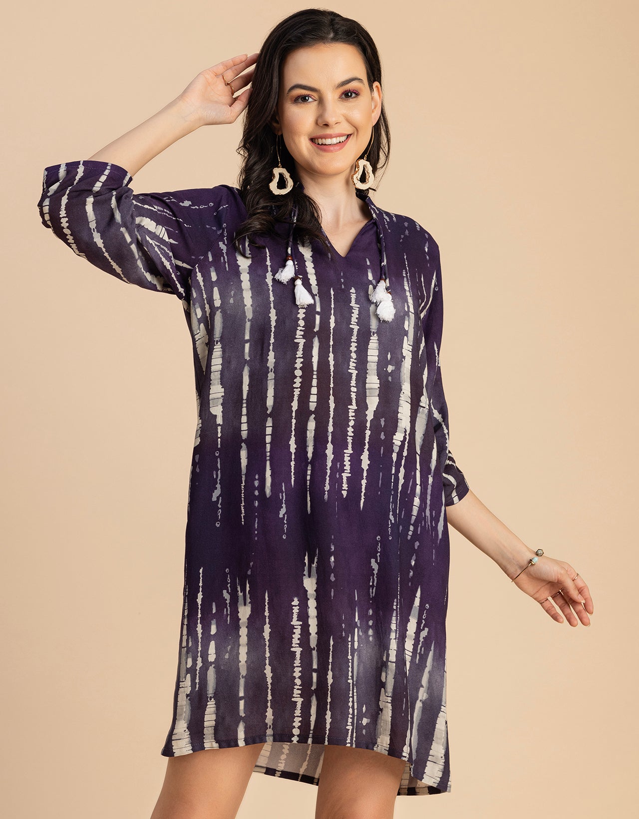 Raglan Sleeves Band Collar Printed Rayon Dress