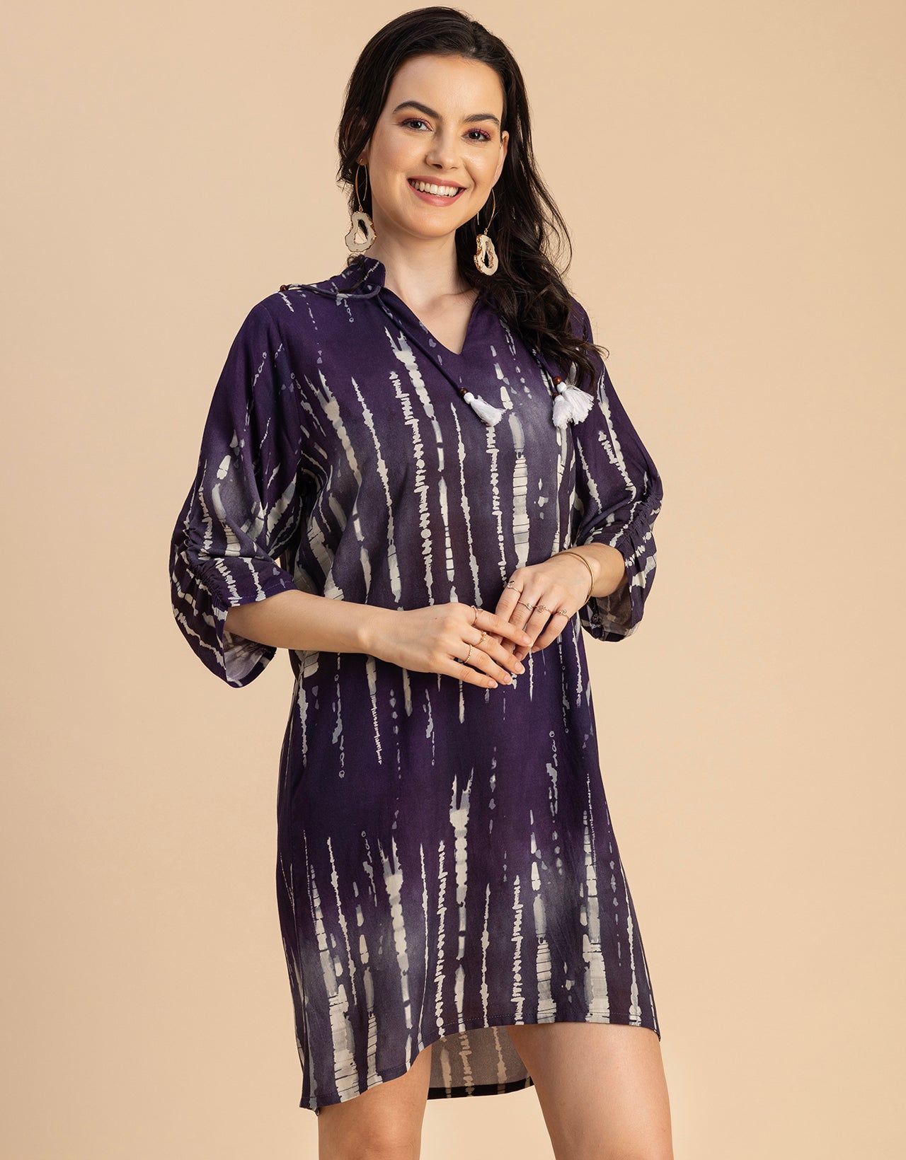 Raglan Sleeves Band Collar Printed Rayon Dress