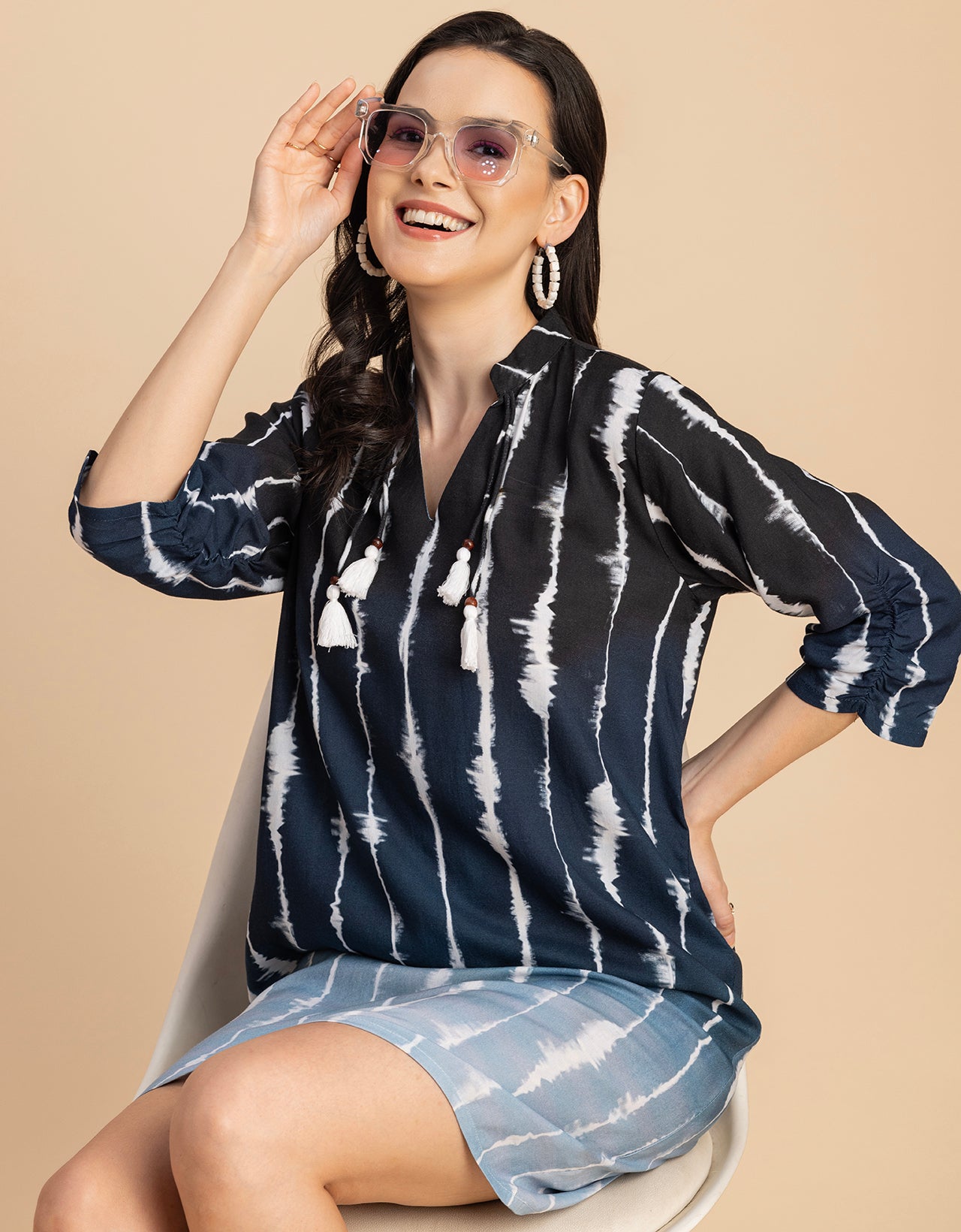 Raglan Sleeves Band Collar Printed Rayon Dress