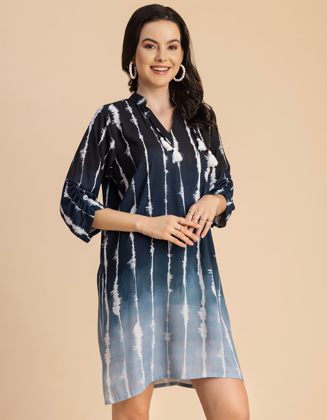 Raglan Sleeves Band Collar Printed Rayon Dress