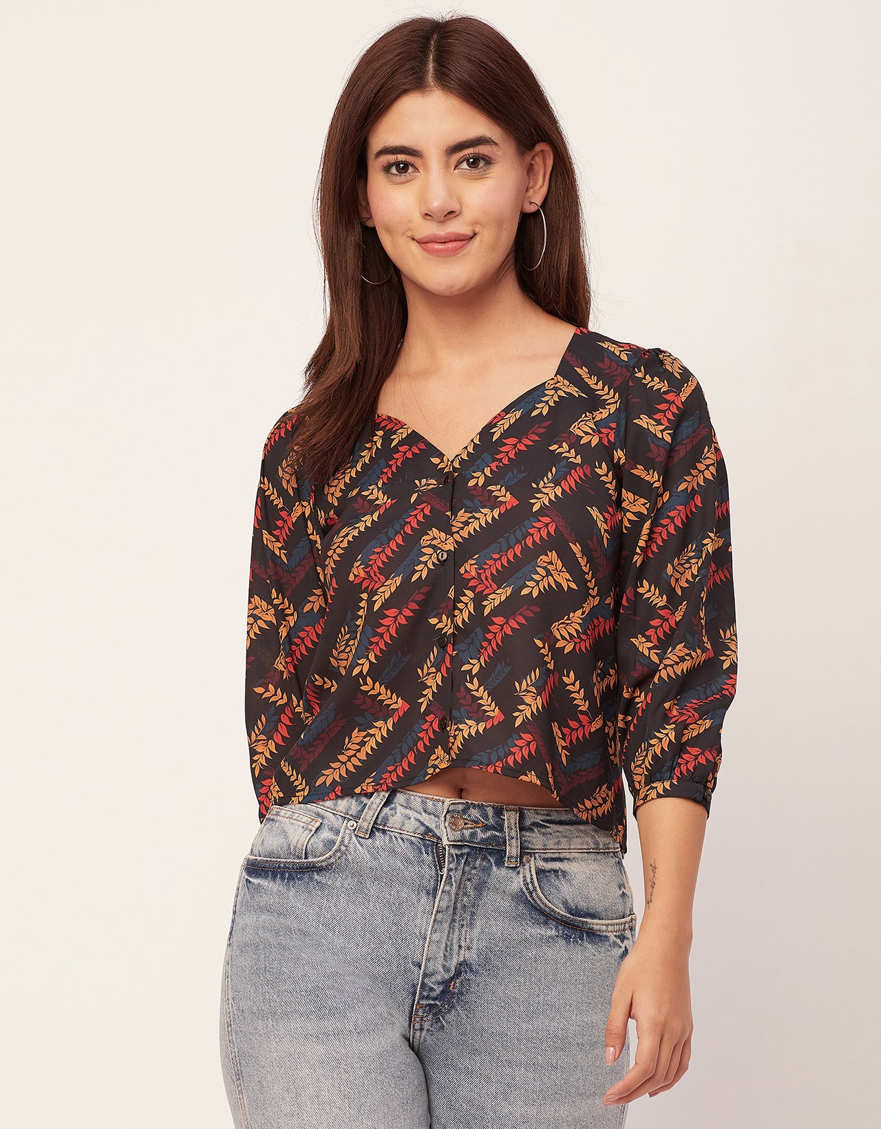 Elegant Printed Sweetheart Neck Georgette Top