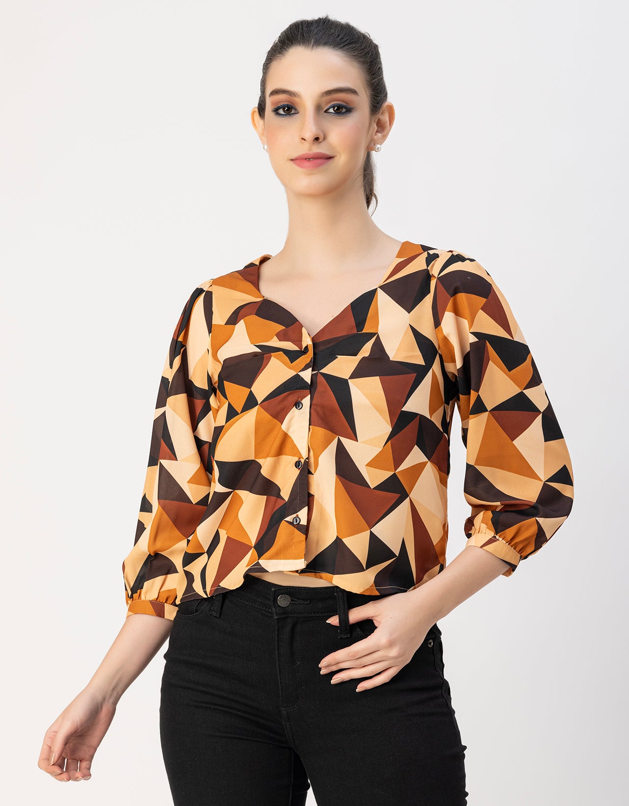 Elegant Printed Sweetheart Neck Georgette Top