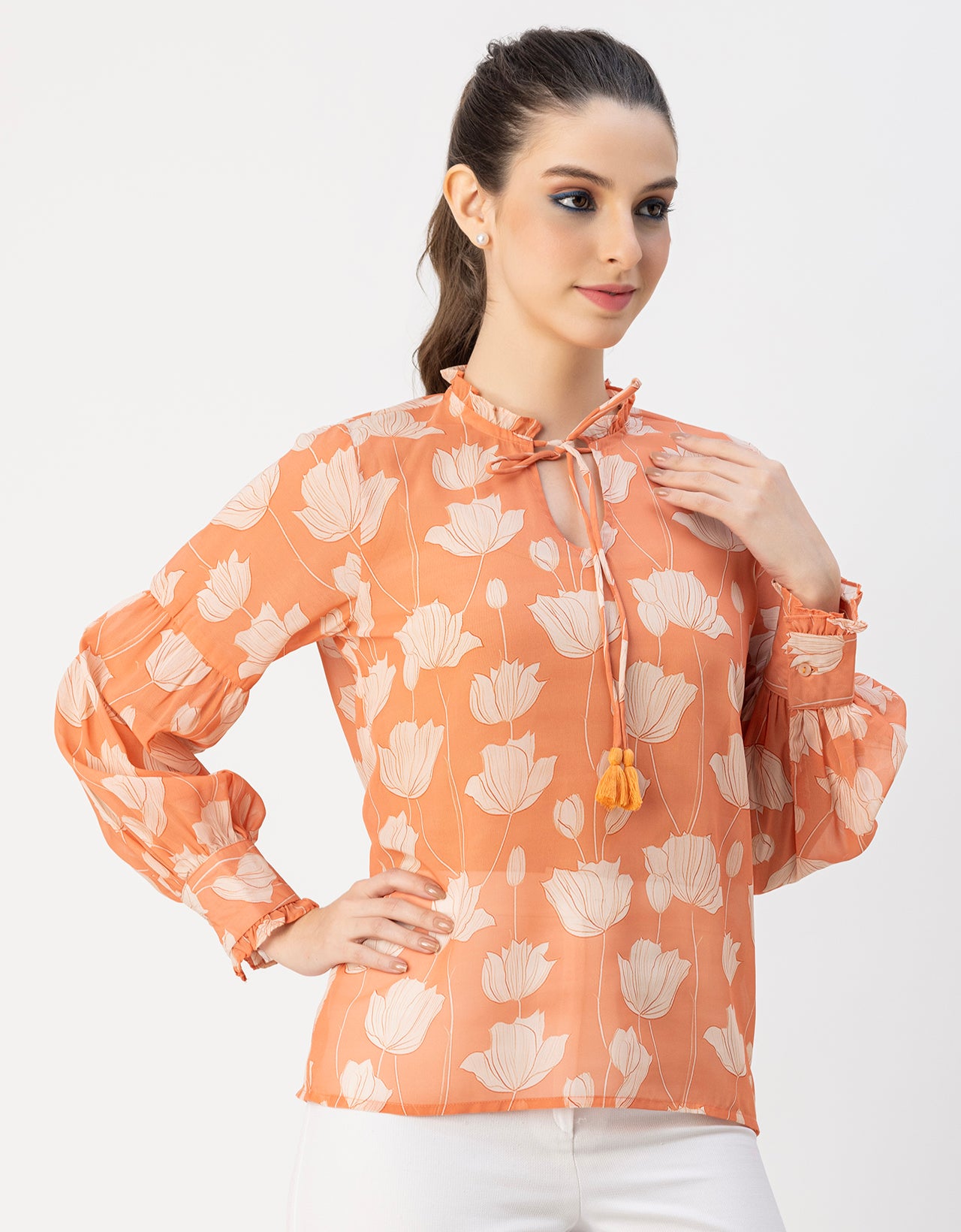 Fashionable V Neck/Tie Up Neck Top