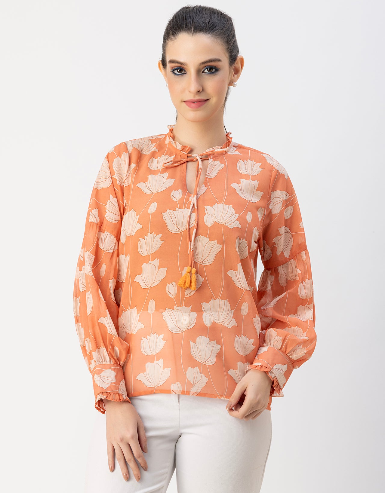 Fashionable V Neck/Tie Up Neck Top