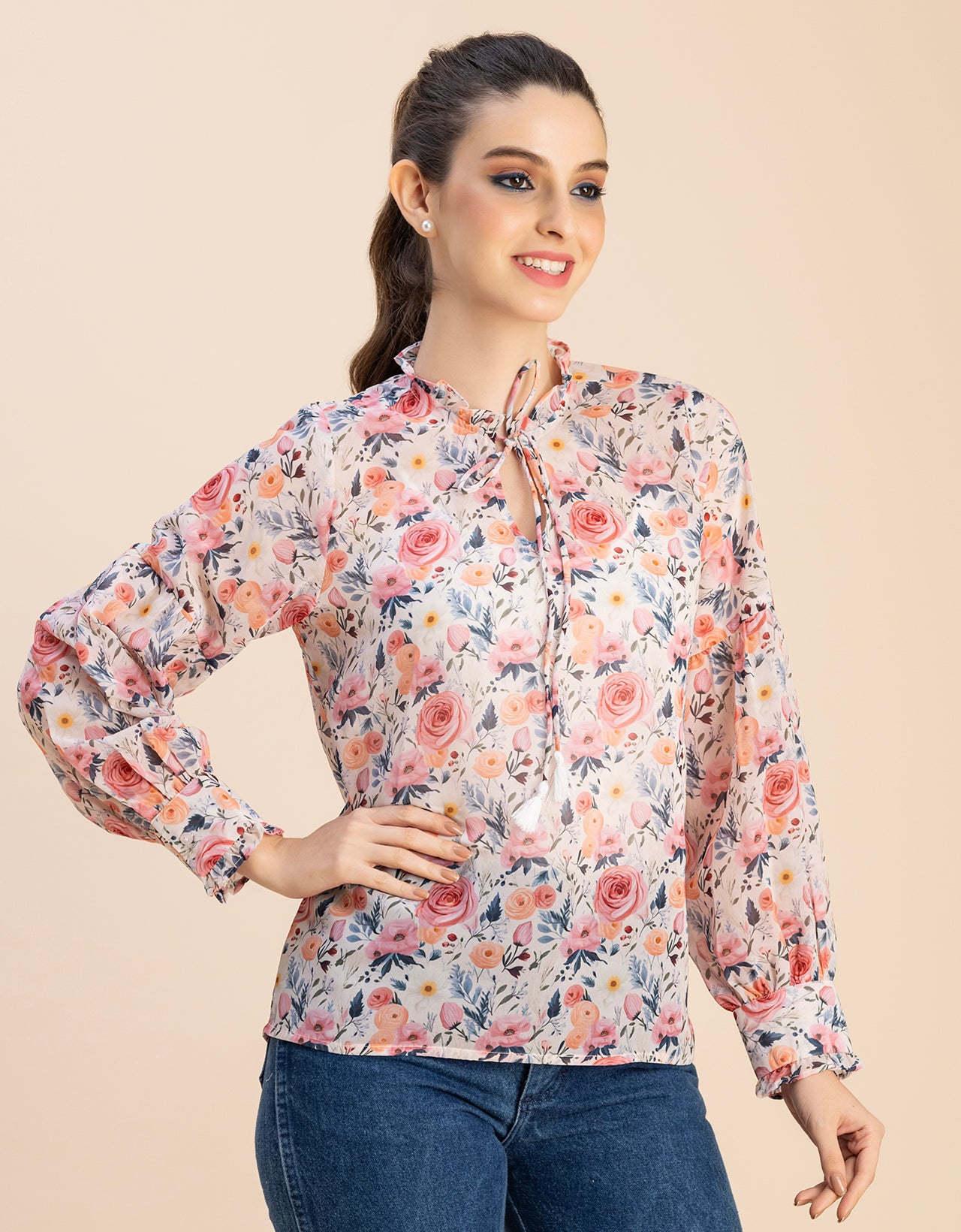 Fashionable V Neck/Tie Up Neck Top