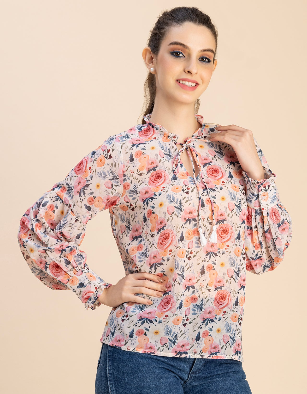 Fashionable V Neck/Tie Up Neck Top