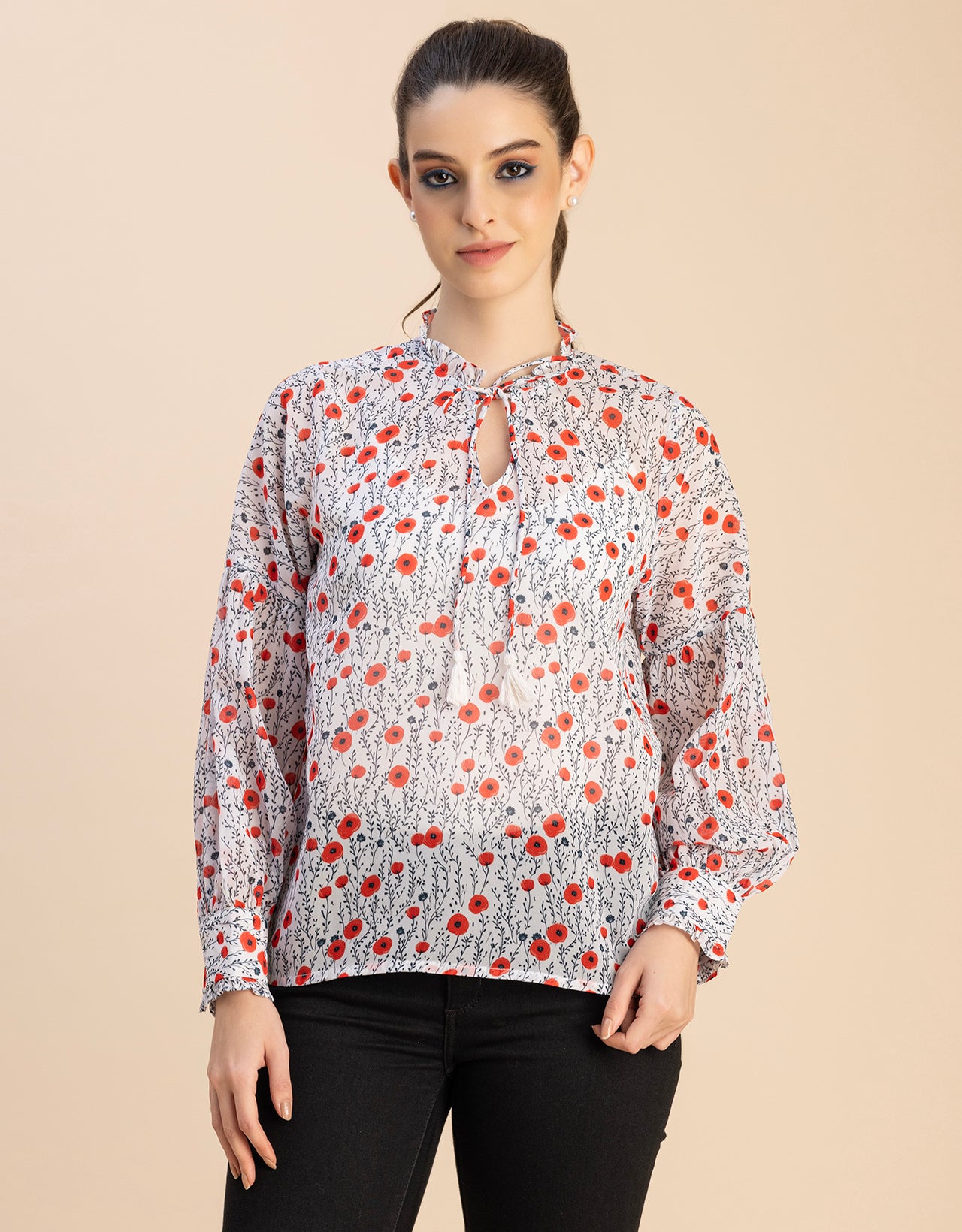 Fashionable V Neck/Tie Up Neck Top