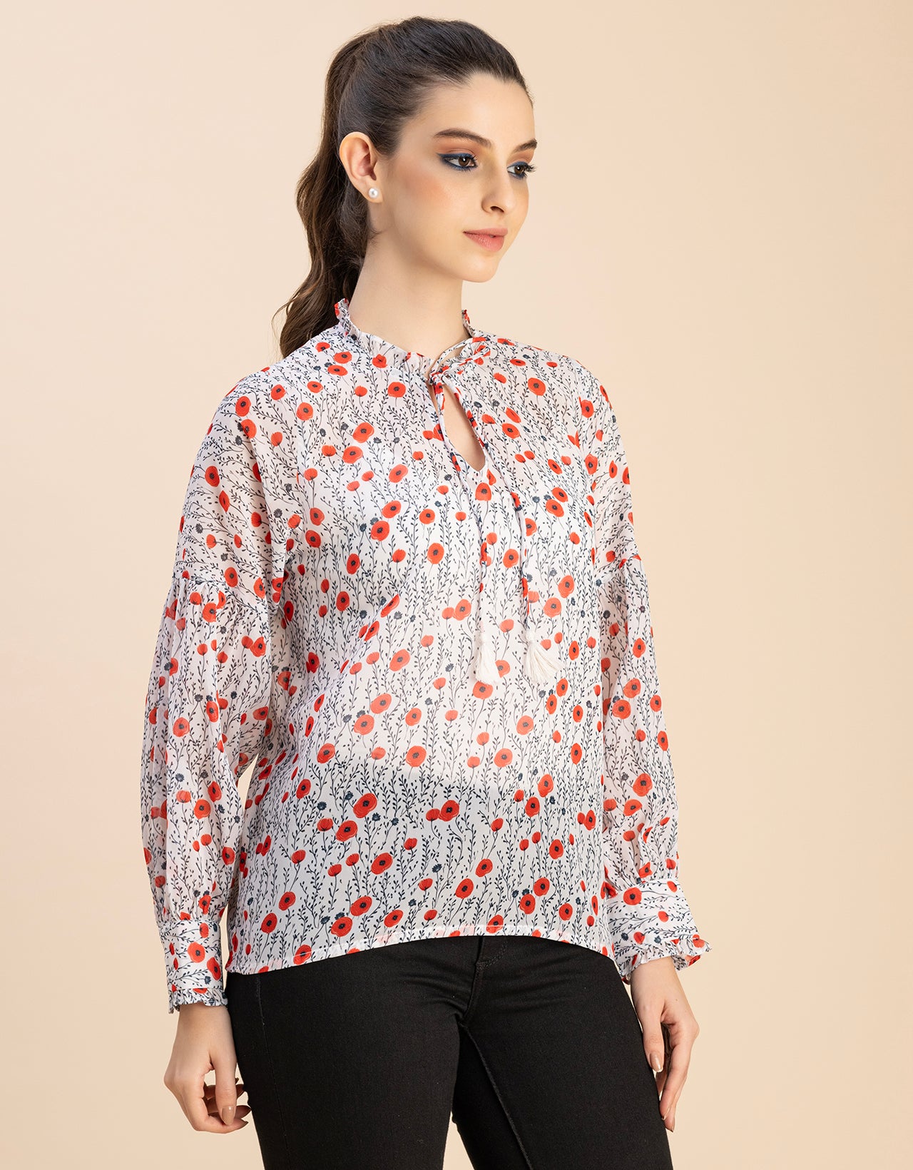 Fashionable V Neck/Tie Up Neck Top