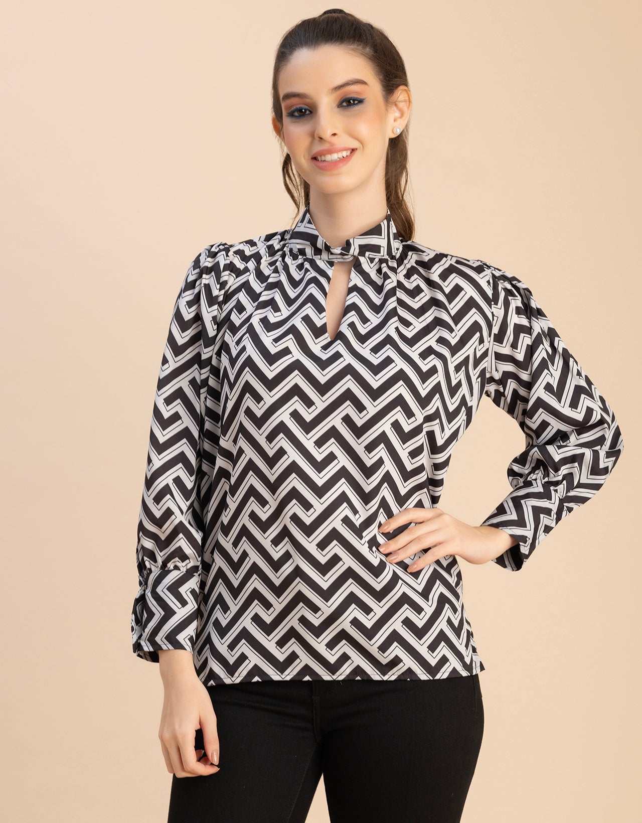 Chic Stripe Folded Band Neck Top