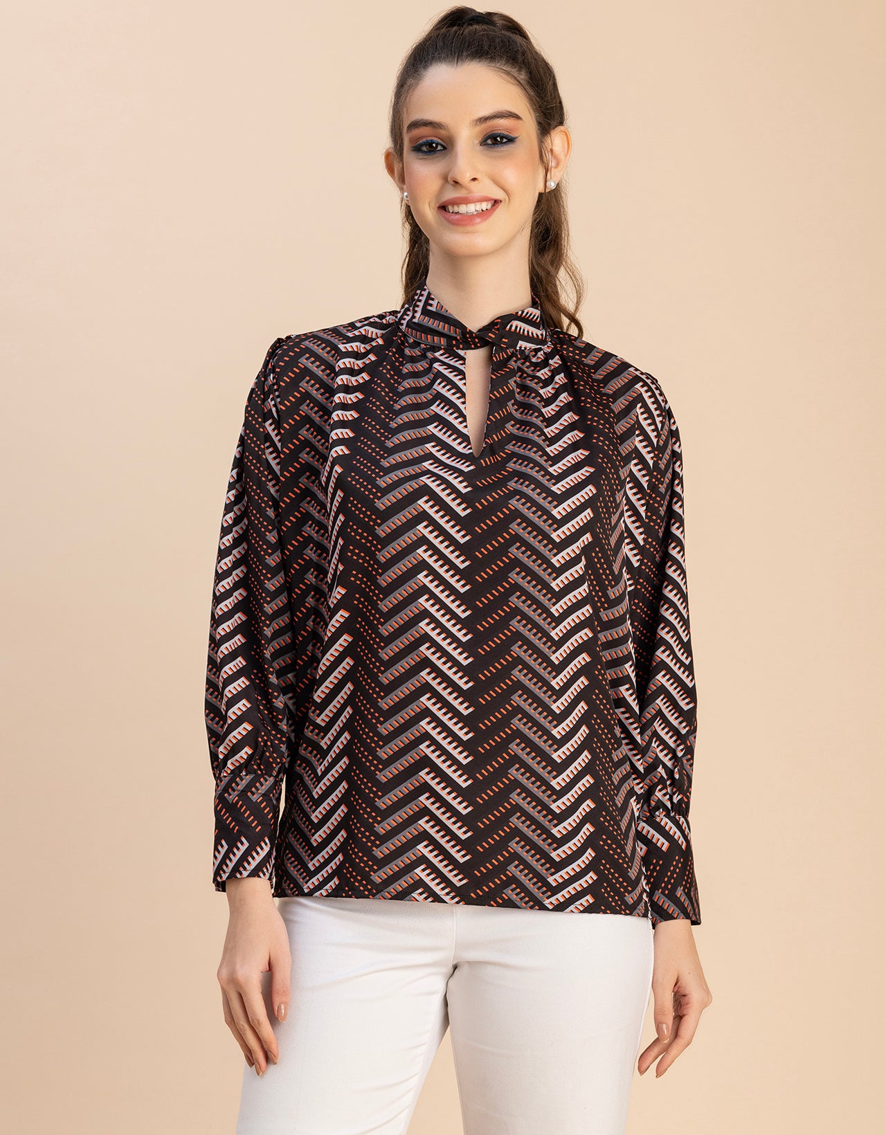 Chic Stripe Folded Band Neck Top