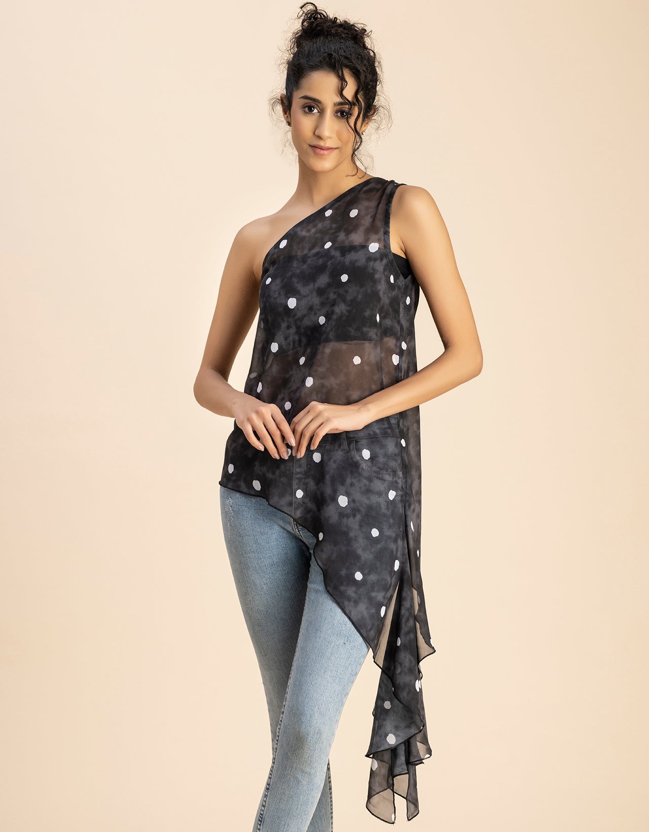 Sleeveless Single Shoulder Asymmetric Printed Top