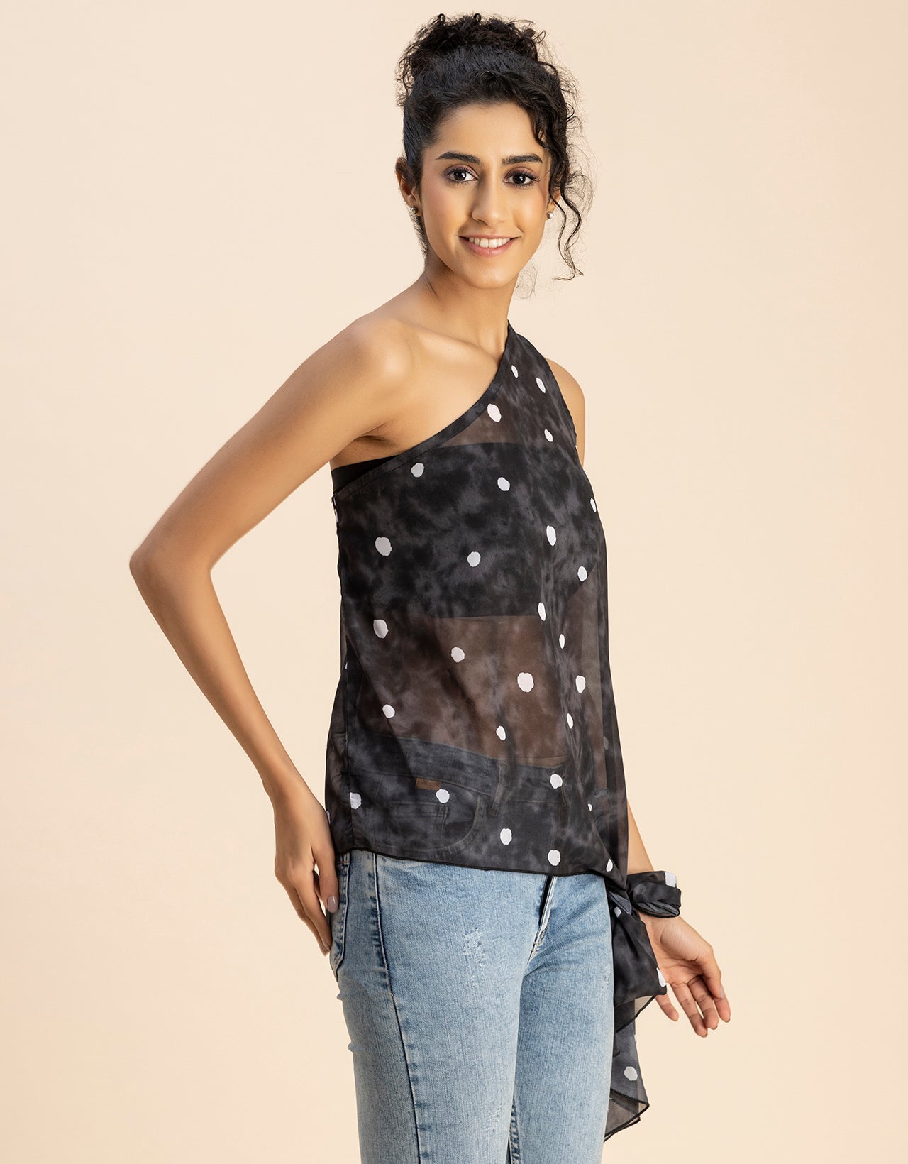 Sleeveless Single Shoulder Asymmetric Printed Top