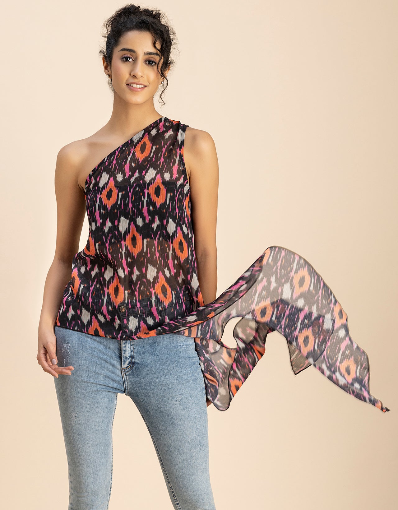 Sleeveless Single Shoulder Asymmetric Printed Top
