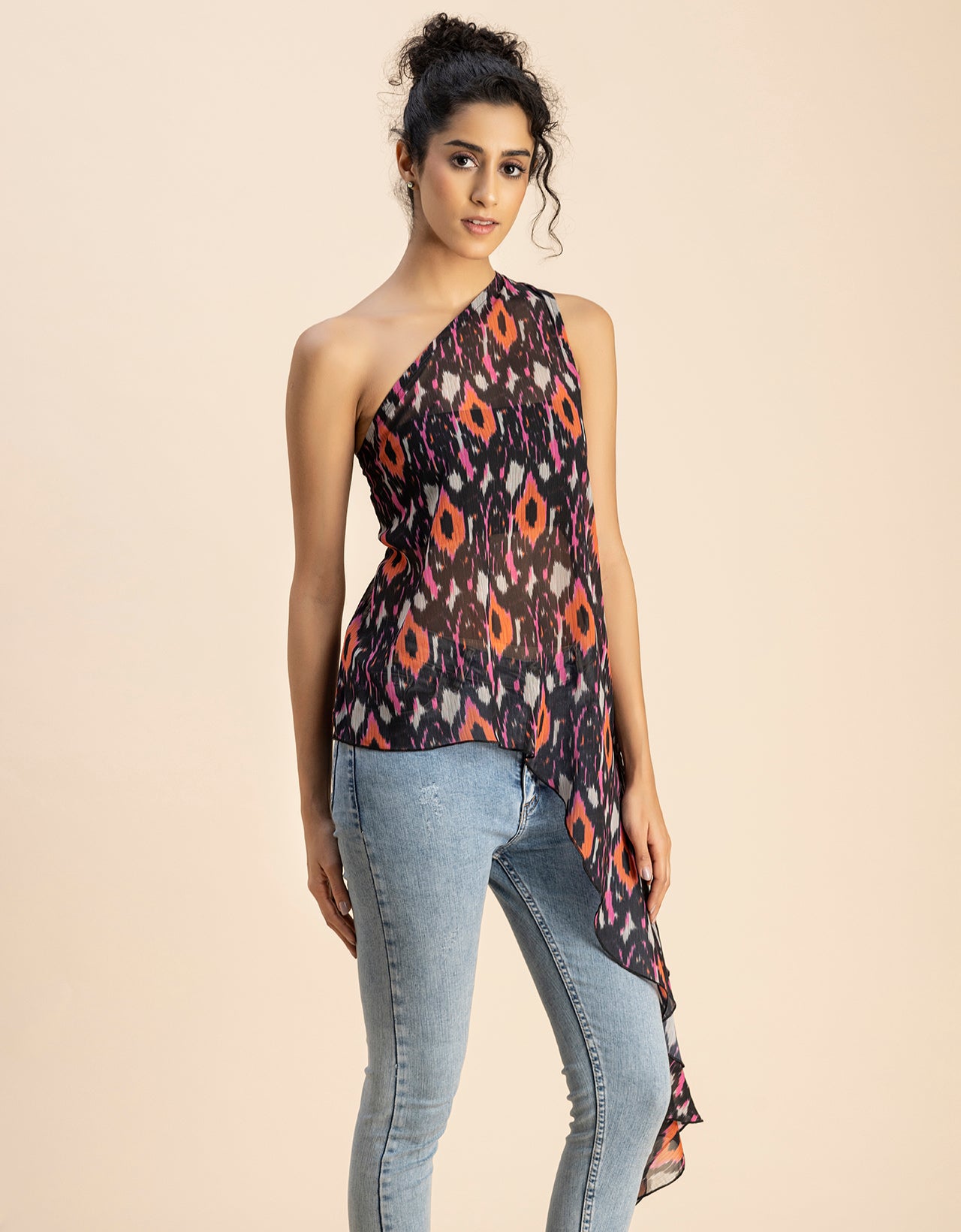 Sleeveless Single Shoulder Asymmetric Printed Top