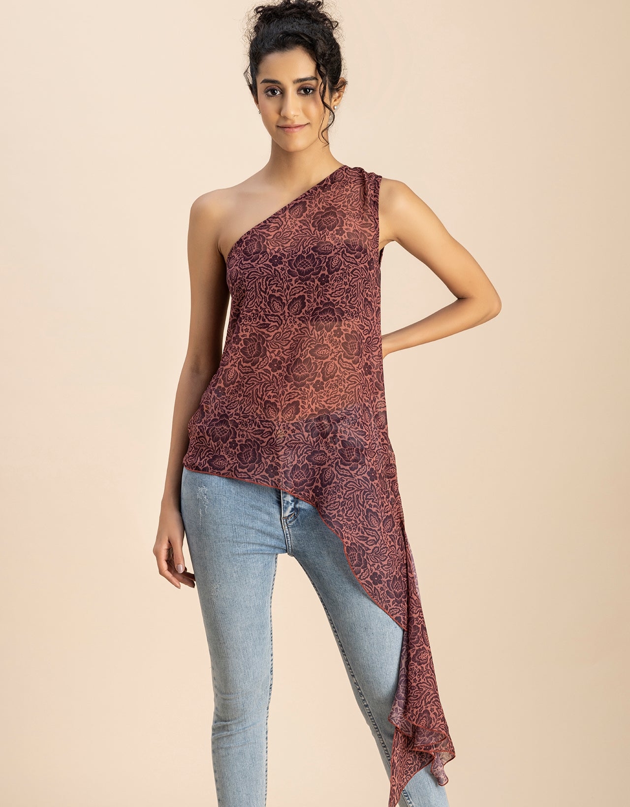 Sleeveless Single Shoulder Asymmetric Printed Top