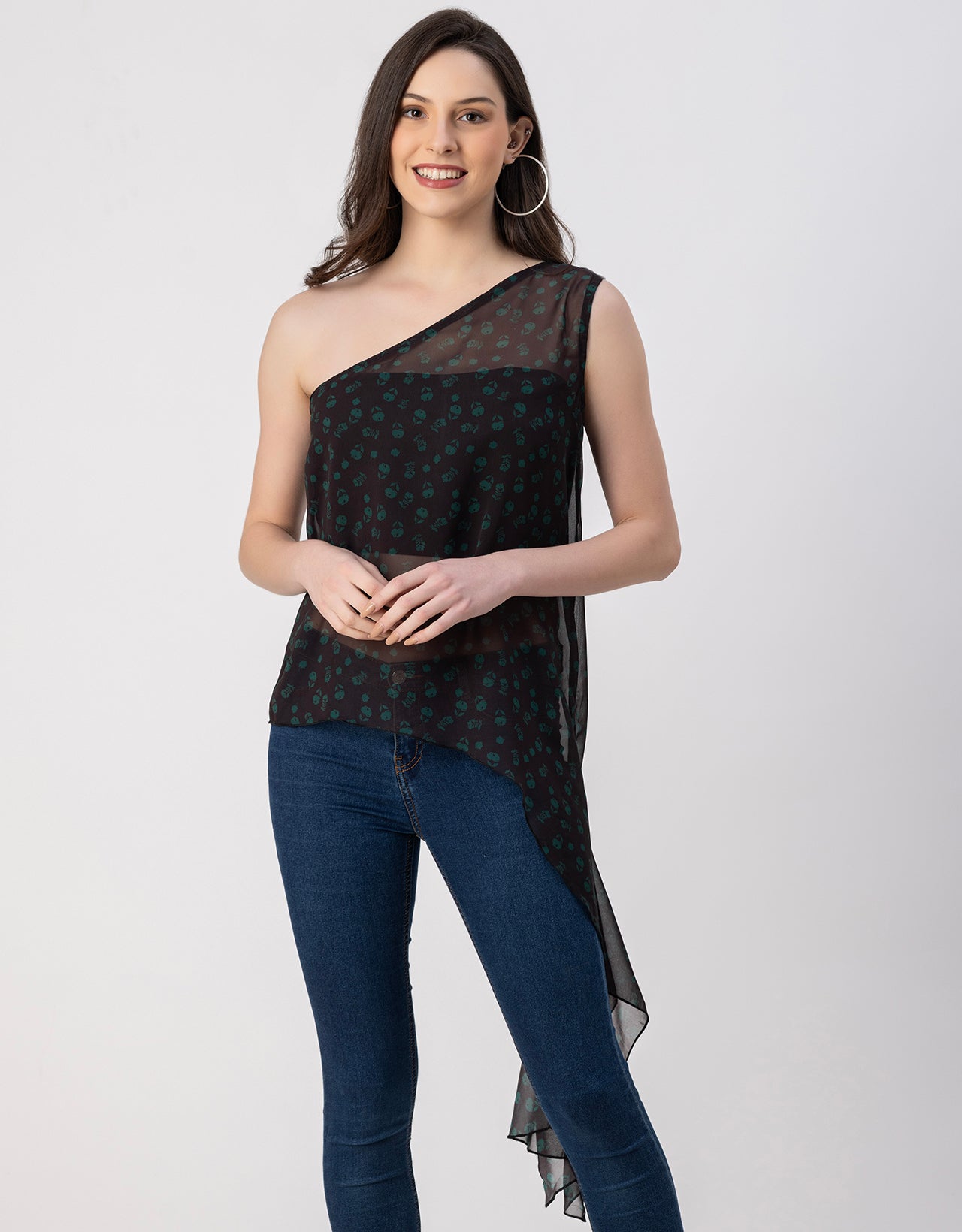 Sleeveless Single Shoulder Asymmetric Printed Top