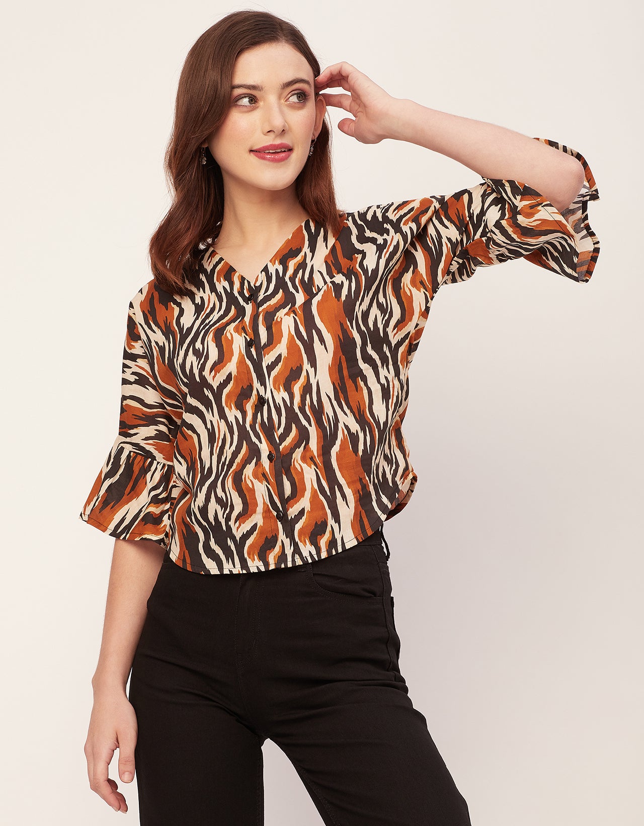 Short Sleeve V Neck Printed Cotton Top