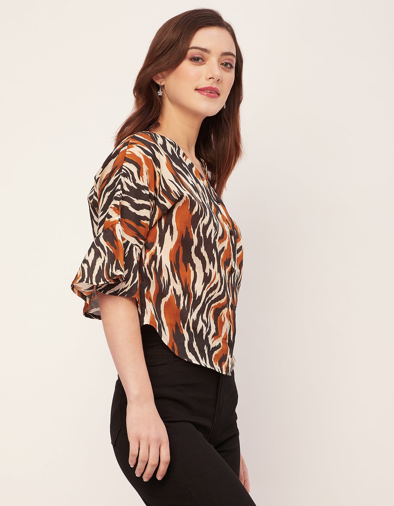 Short Sleeve V Neck Printed Cotton Top