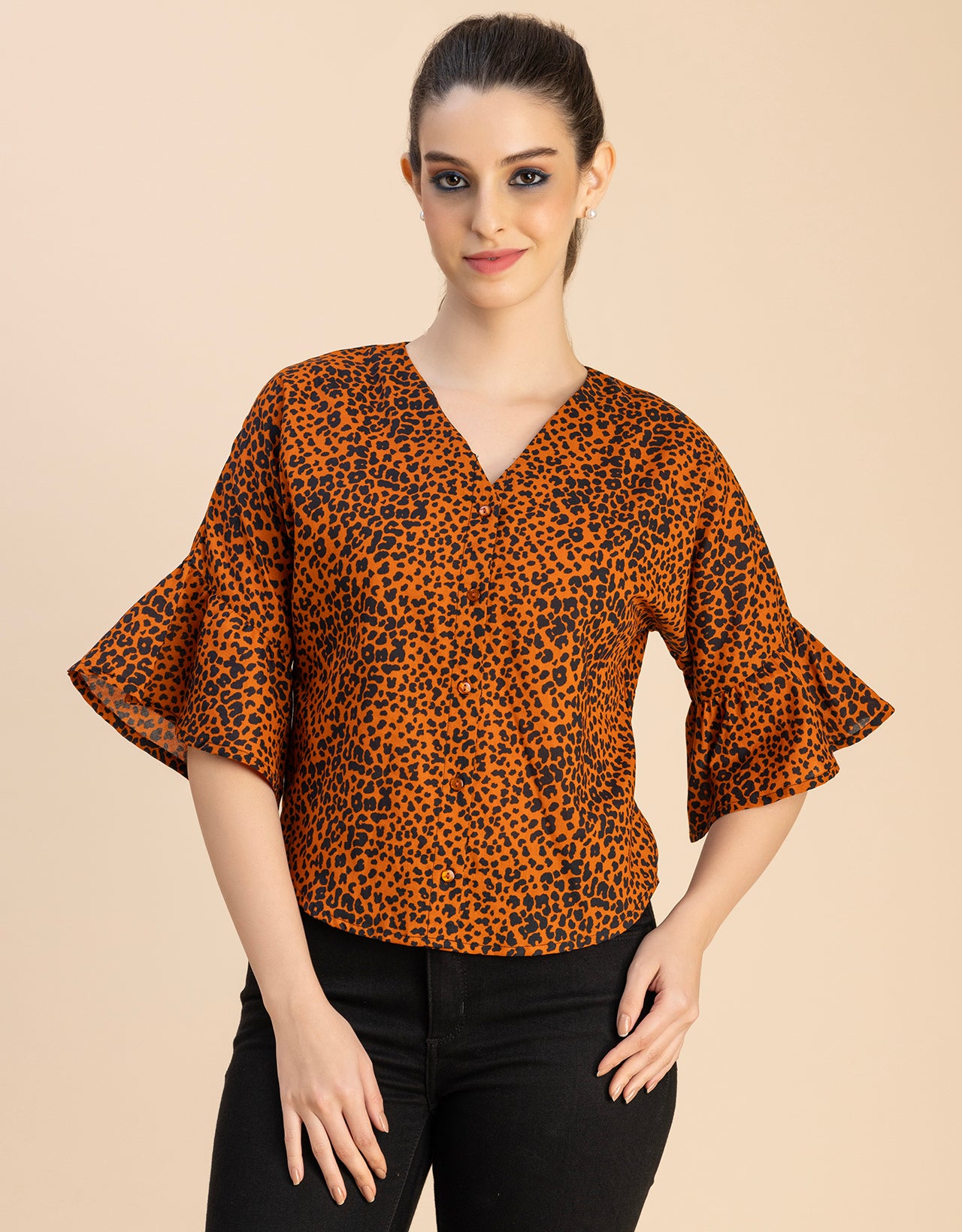Short Sleeve V Neck Printed Cotton Top