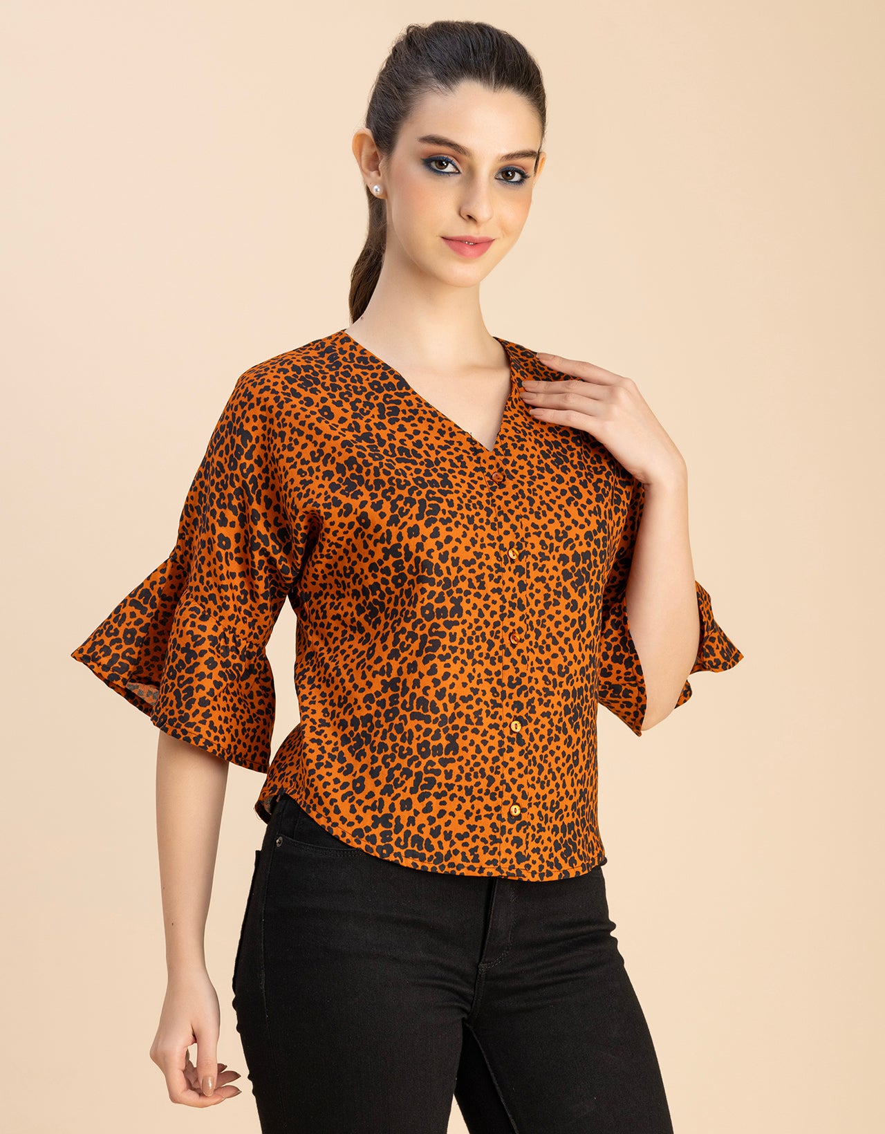 Short Sleeve V Neck Printed Cotton Top