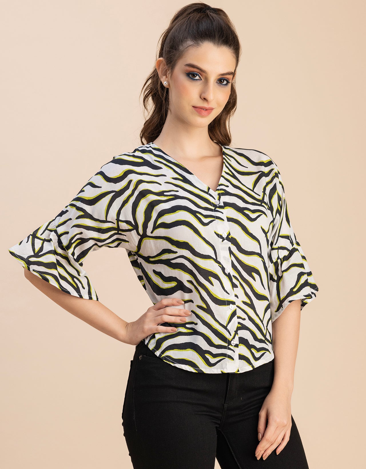 Short Sleeve V Neck Printed Cotton Top