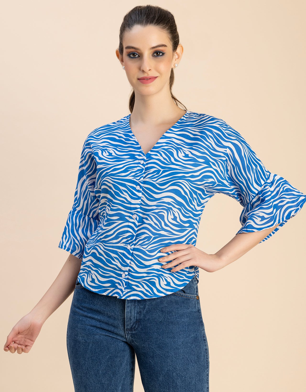 Short Sleeve V Neck Printed Cotton Top