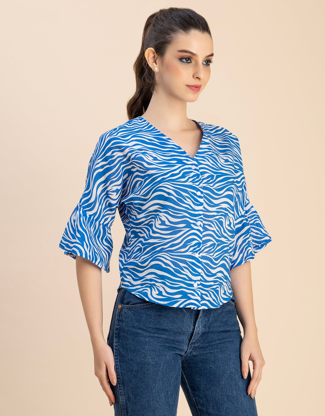 Short Sleeve V Neck Printed Cotton Top