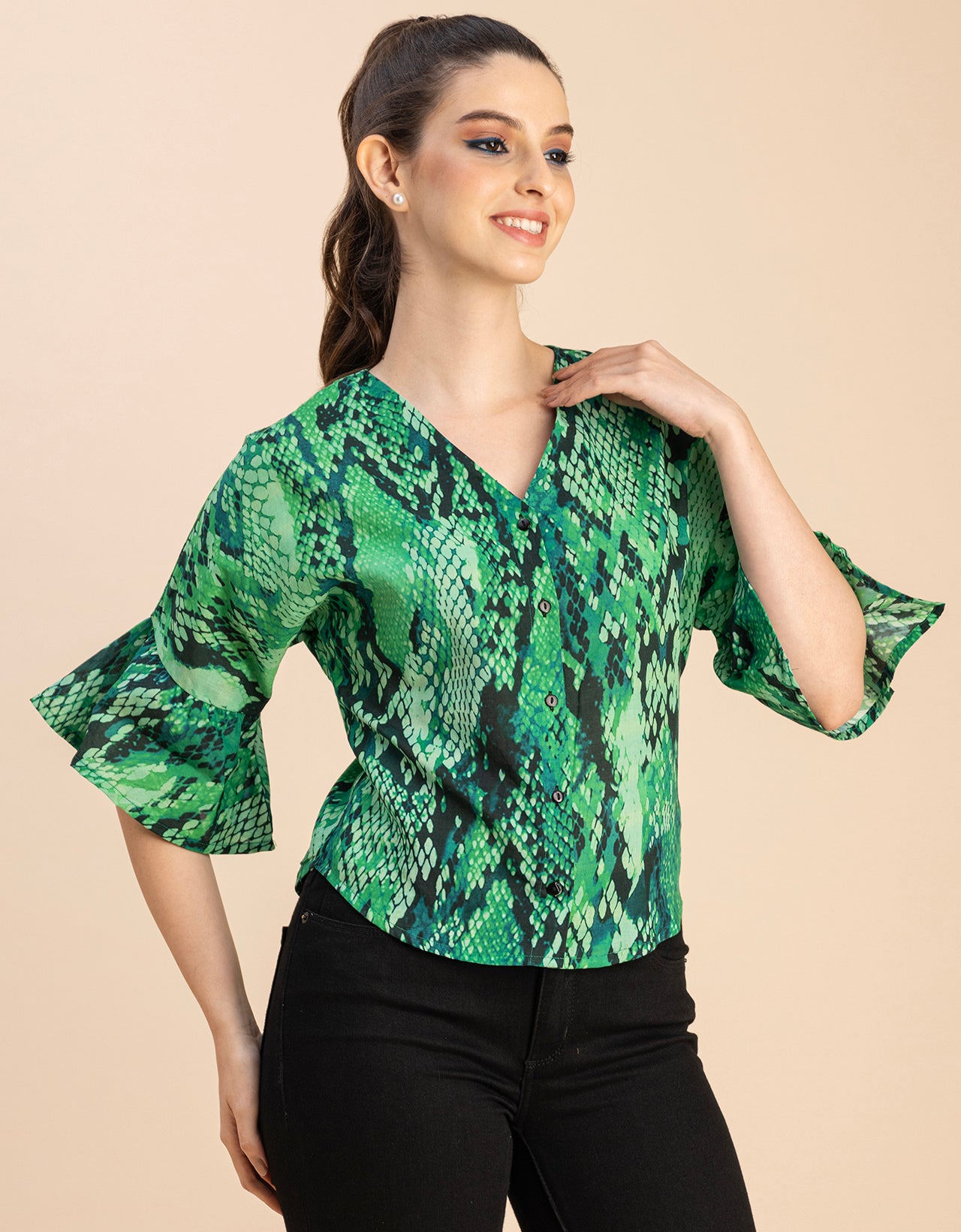 Short Sleeve V Neck Printed Cotton Top