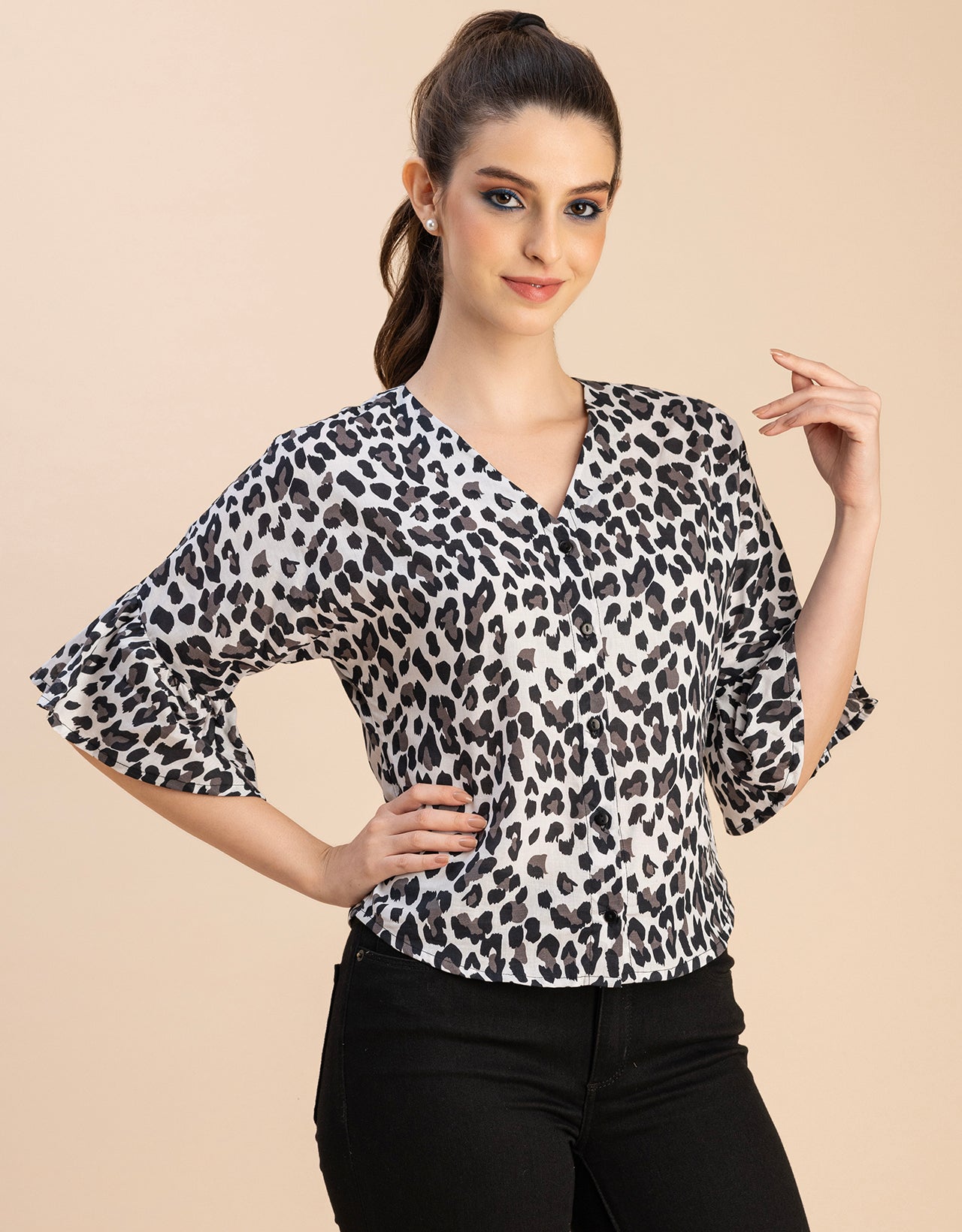 Short Sleeve V Neck Printed Cotton Top