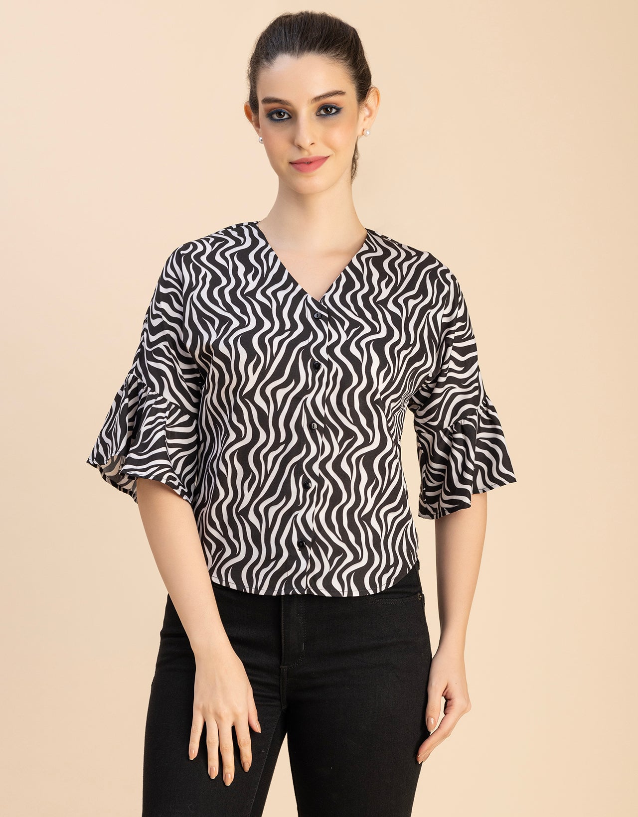 Short Sleeve V Neck Printed Cotton Top