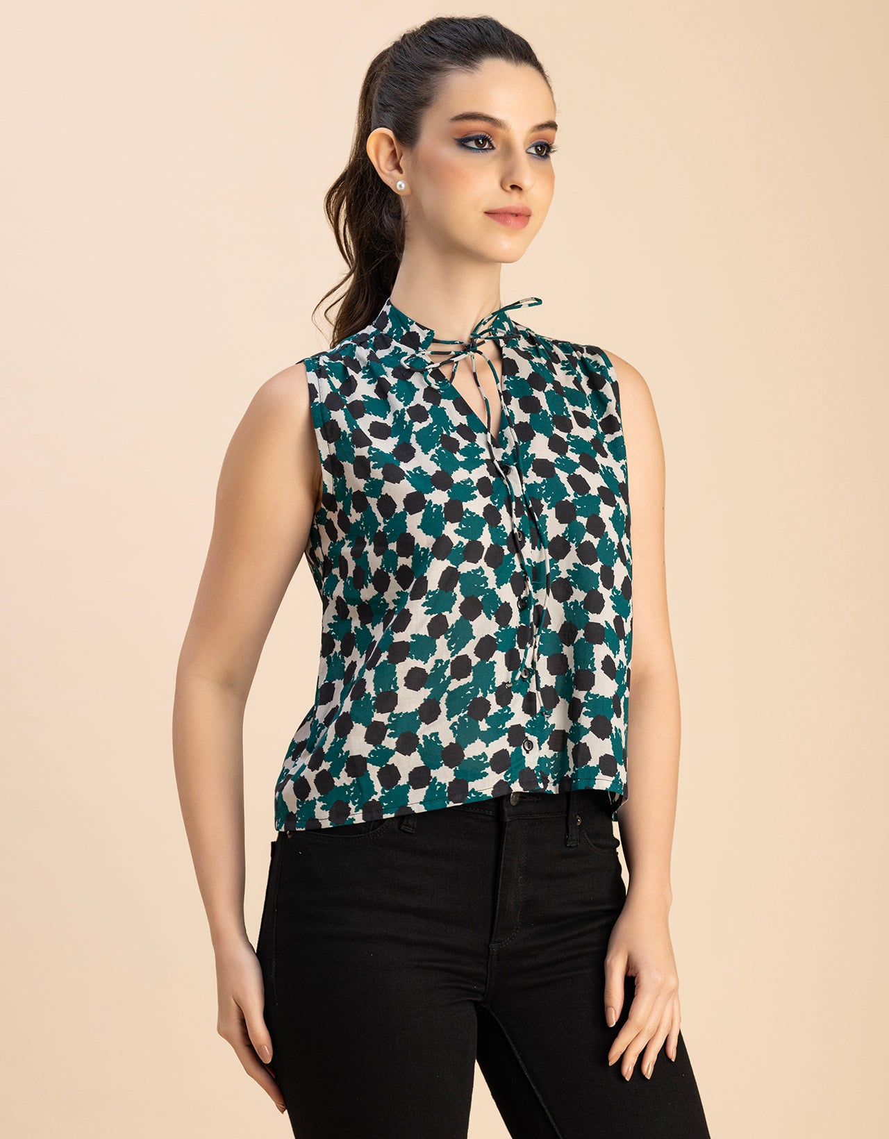 Sleeveless Tie Up Neck Cotton Top