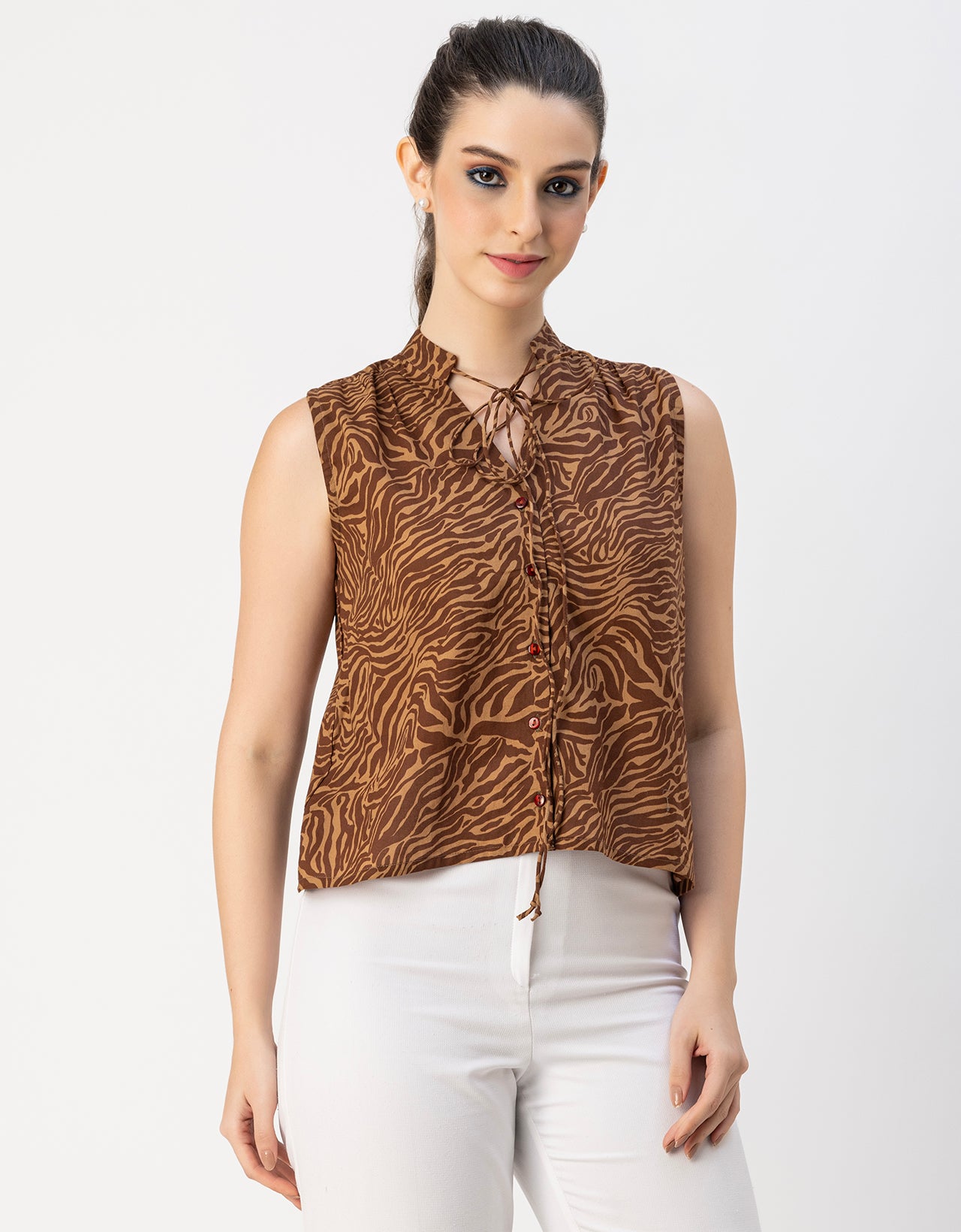 Sleeveless Tie Up Neck Cotton Top