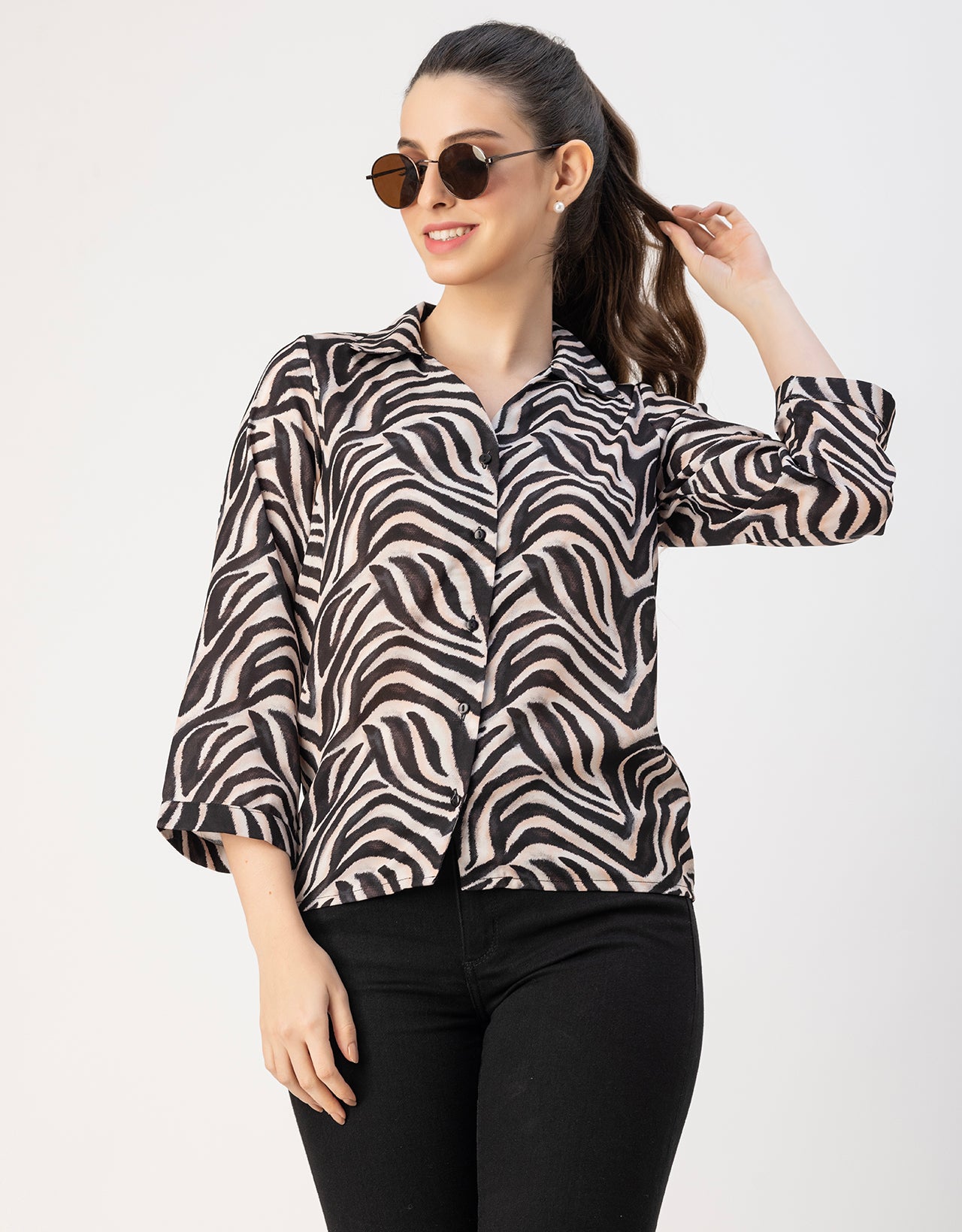 Long Sleeve Shirt Collar Printed Top