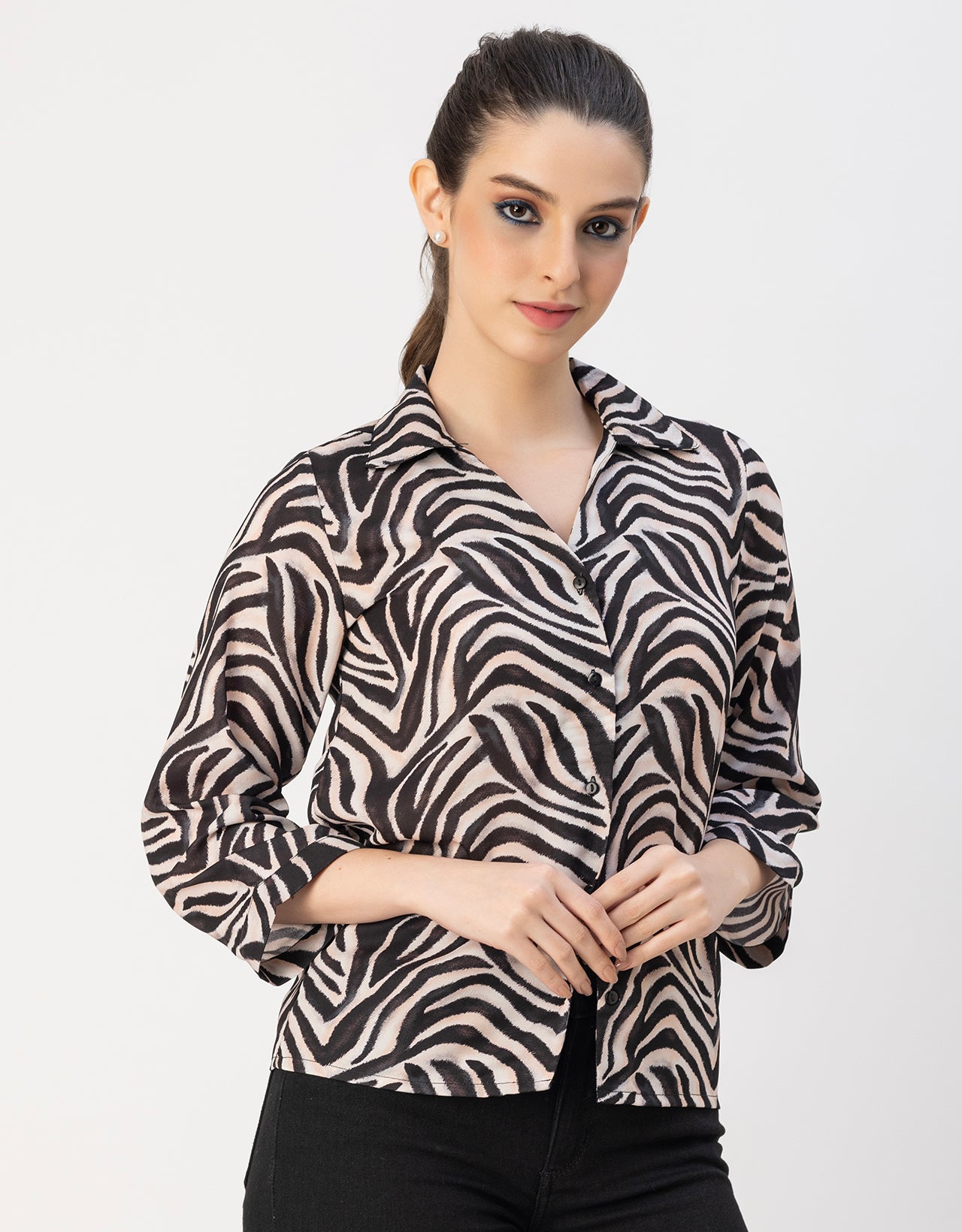 Long Sleeve Shirt Collar Printed Top