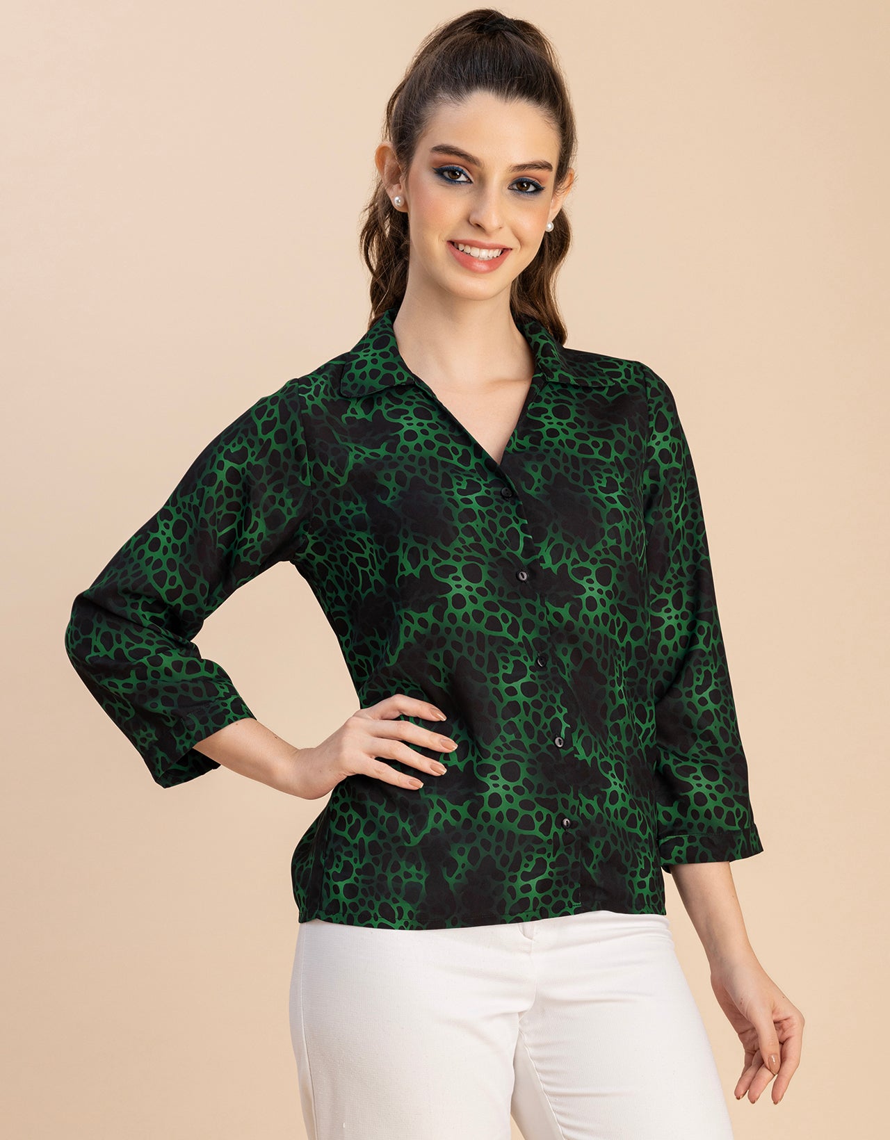 Long Sleeve Shirt Collar Printed Top