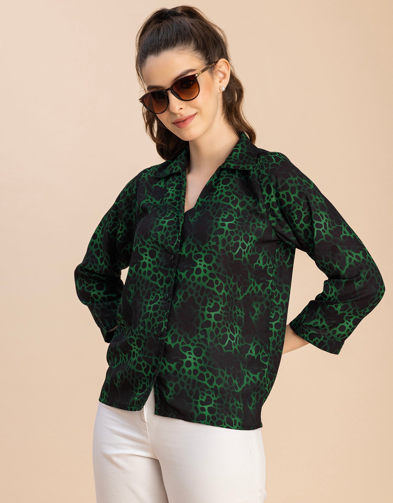 Long Sleeve Shirt Collar Printed Top