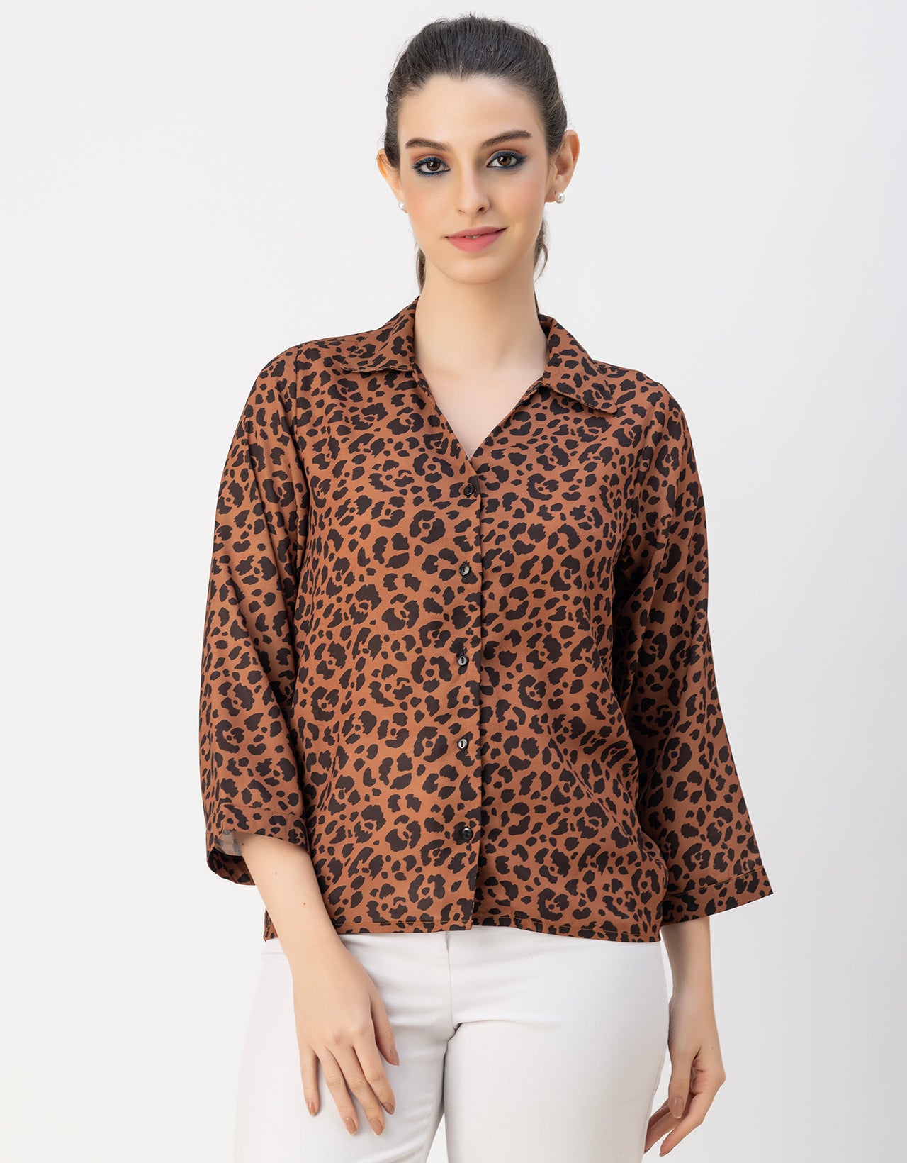 Long Sleeve Shirt Collar Printed Top