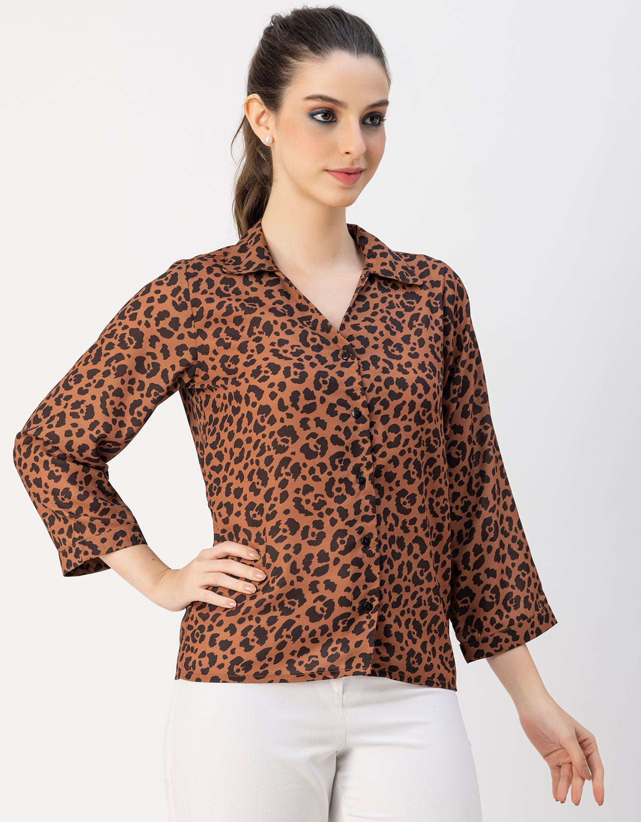 Long Sleeve Shirt Collar Printed Top