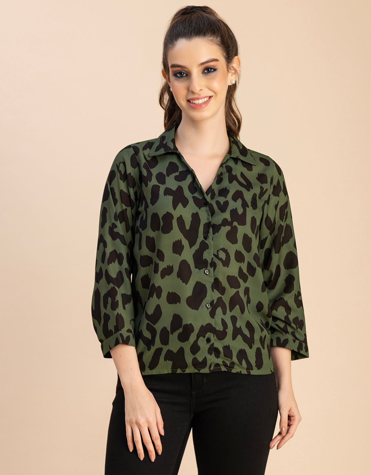 Long Sleeve Shirt Collar Printed Top