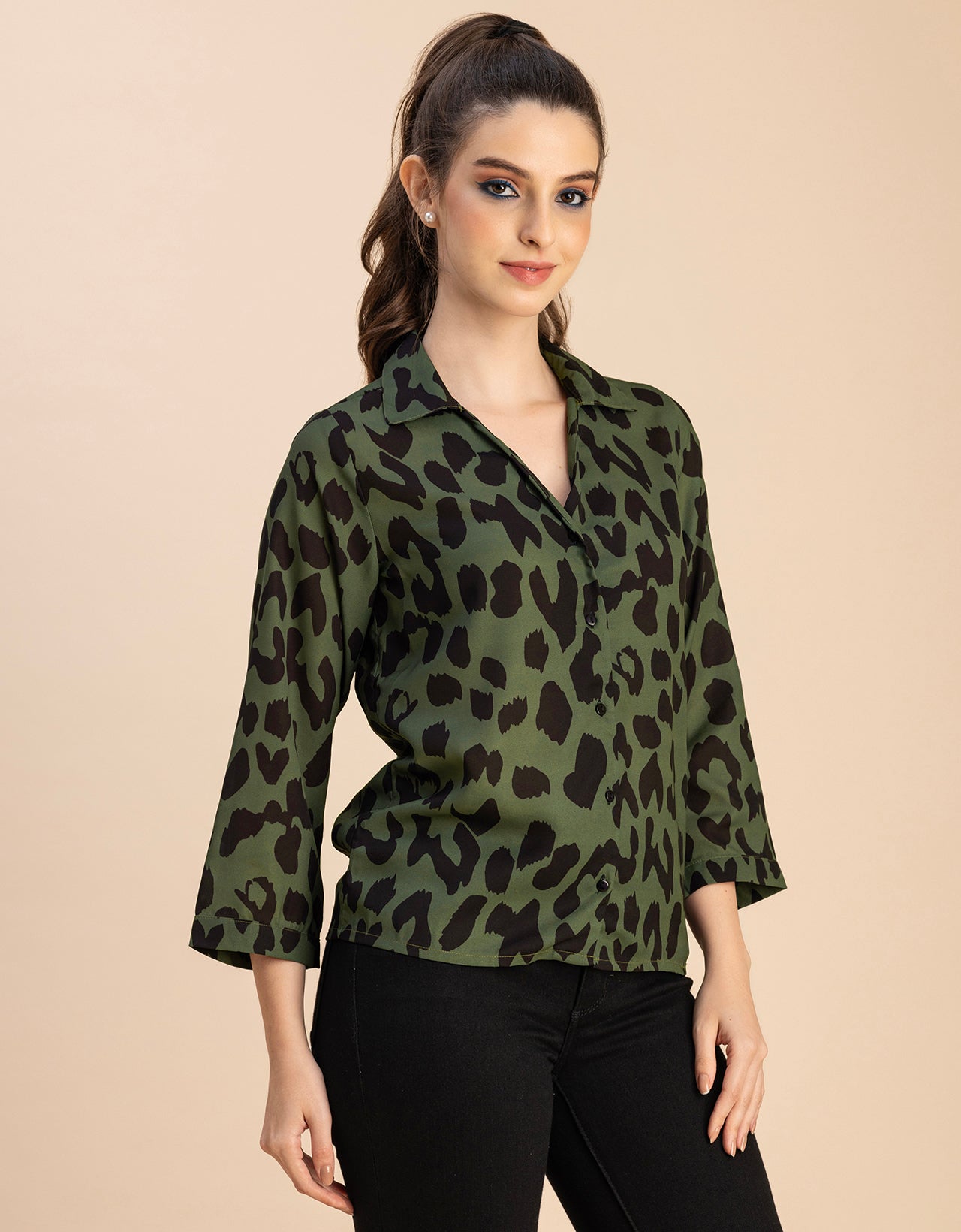 Long Sleeve Shirt Collar Printed Top