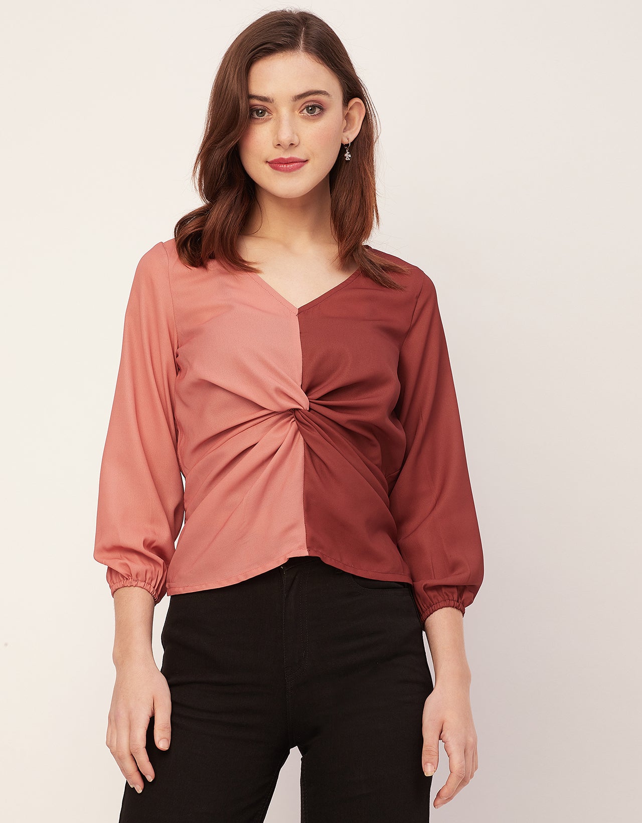quarter sleeve V Neck Solid Georgette Top