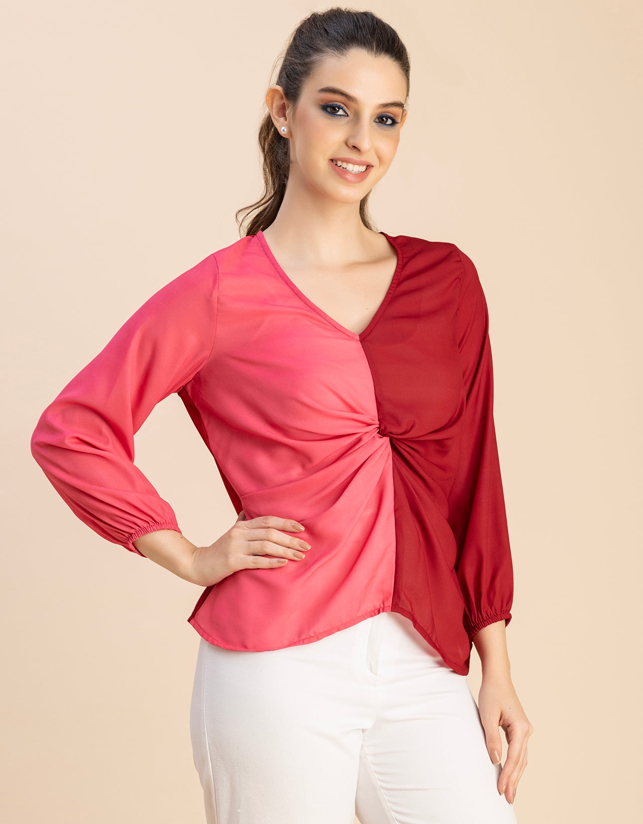 quarter sleeve V Neck Solid Georgette Top