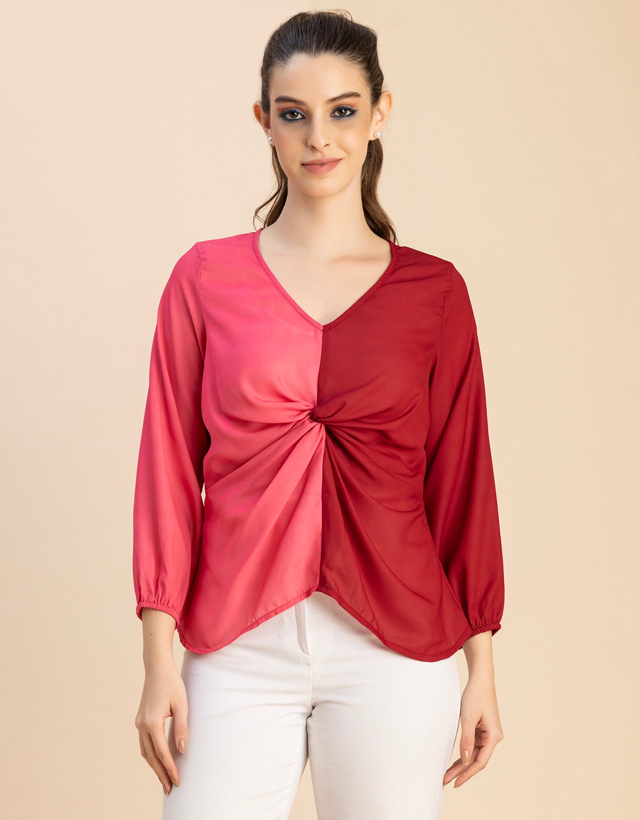 quarter sleeve V Neck Solid Georgette Top
